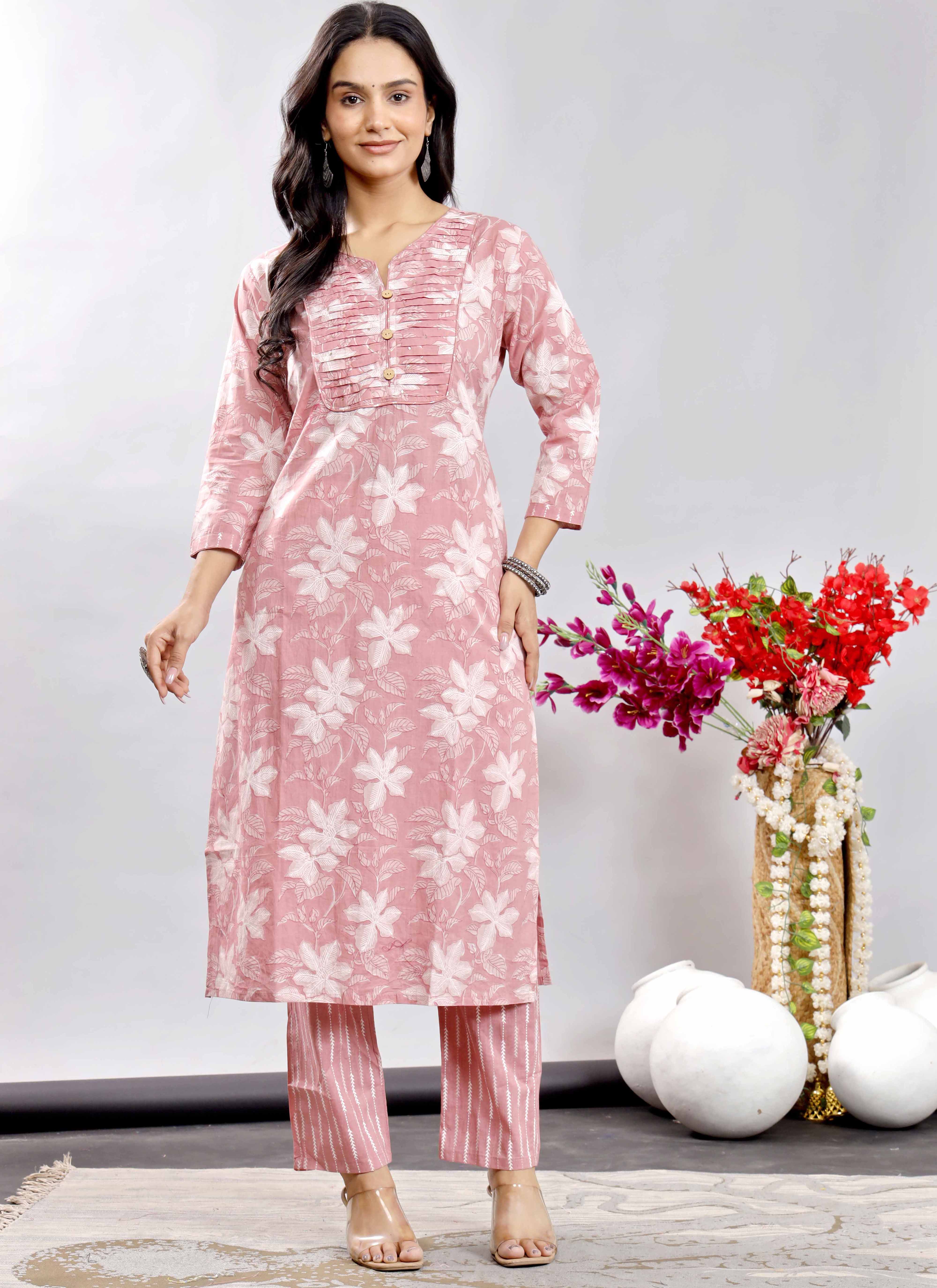 Blush Pink Floral Printed Cotton Kurta Set with Striped Dupatta – Graceful and Breezy Ethnic Ensemble