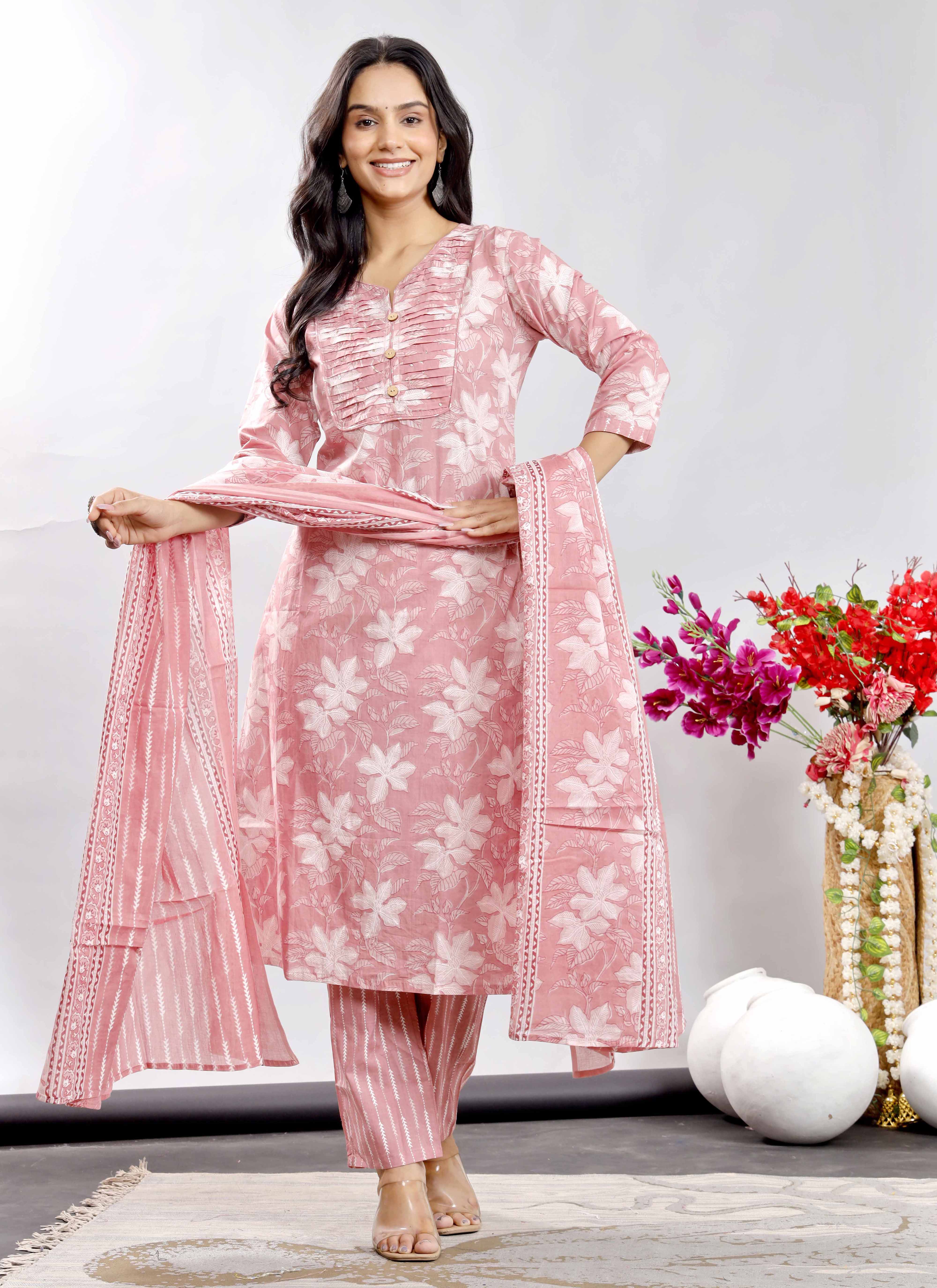 Blush Pink Floral Printed Cotton Kurta Set with Striped Dupatta – Graceful and Breezy Ethnic Ensemble