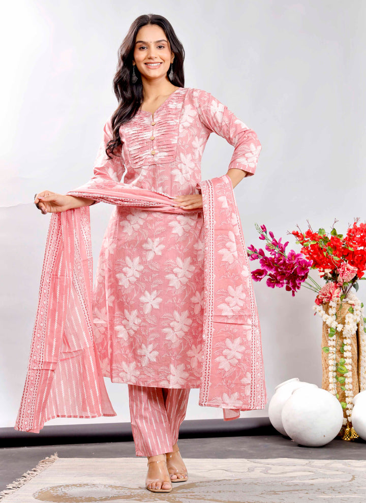 Blush Pink Floral Printed Cotton Kurta Set with Striped Dupatta – Graceful and Breezy Ethnic Ensemble