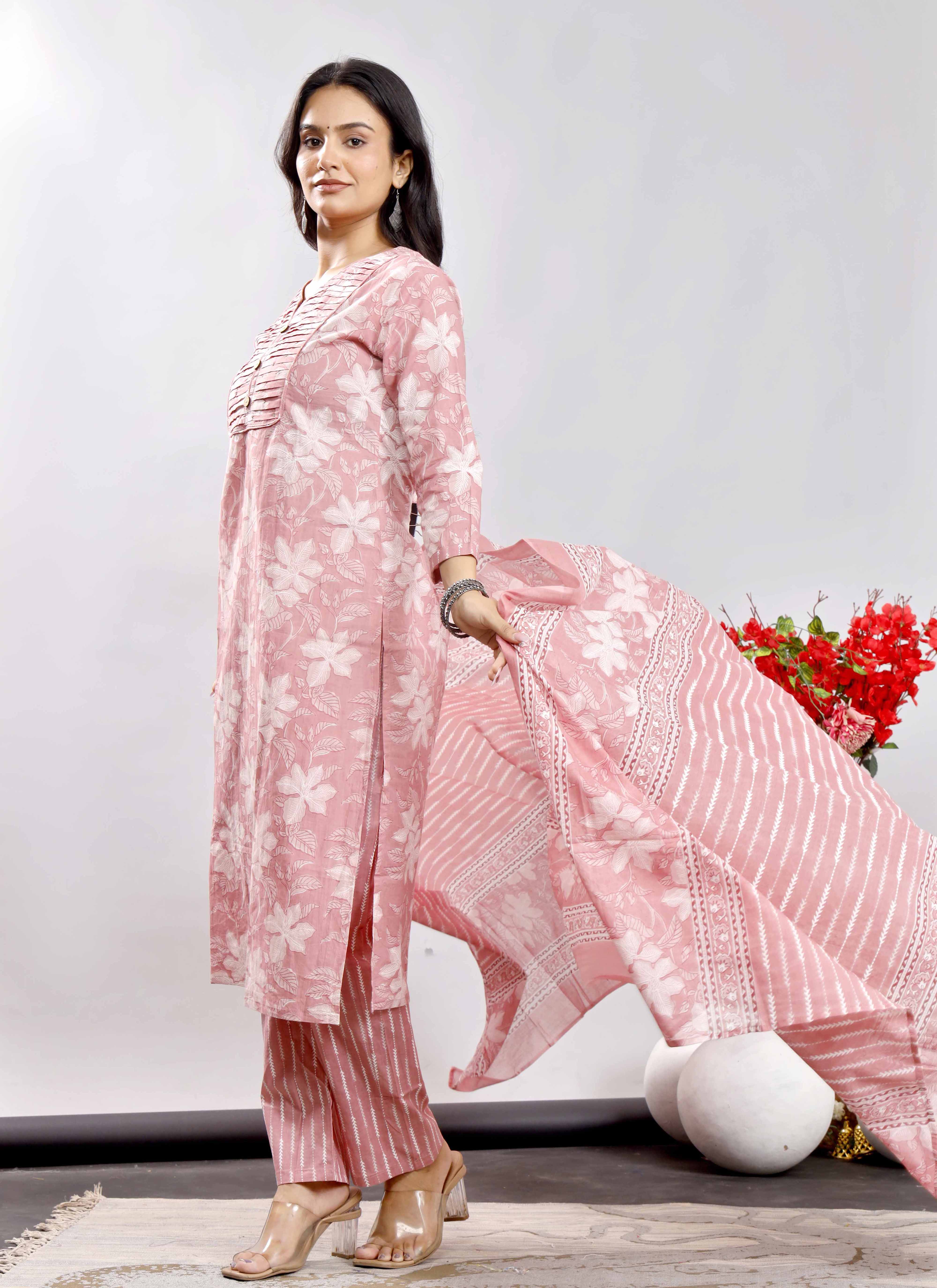 Blush Pink Floral Printed Cotton Kurta Set with Striped Dupatta – Graceful and Breezy Ethnic Ensemble