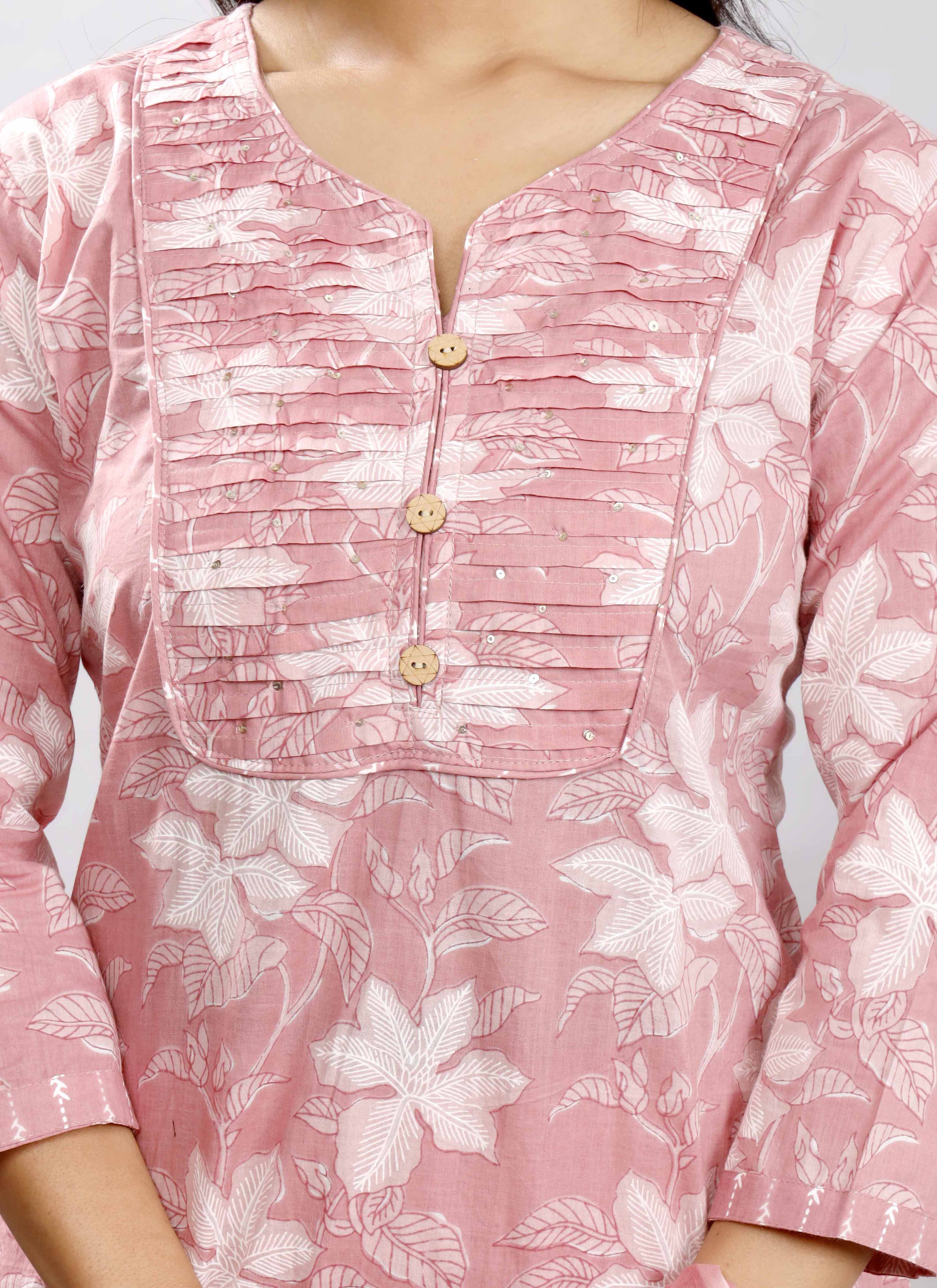 Blush Pink Floral Printed Cotton Kurta Set with Striped Dupatta – Graceful and Breezy Ethnic Ensemble