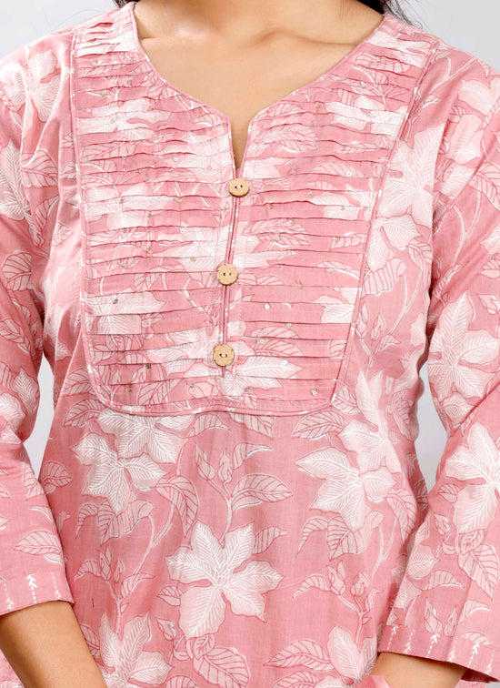 Blush Pink Floral Printed Cotton Kurta Set with Striped Dupatta – Graceful and Breezy Ethnic Ensemble