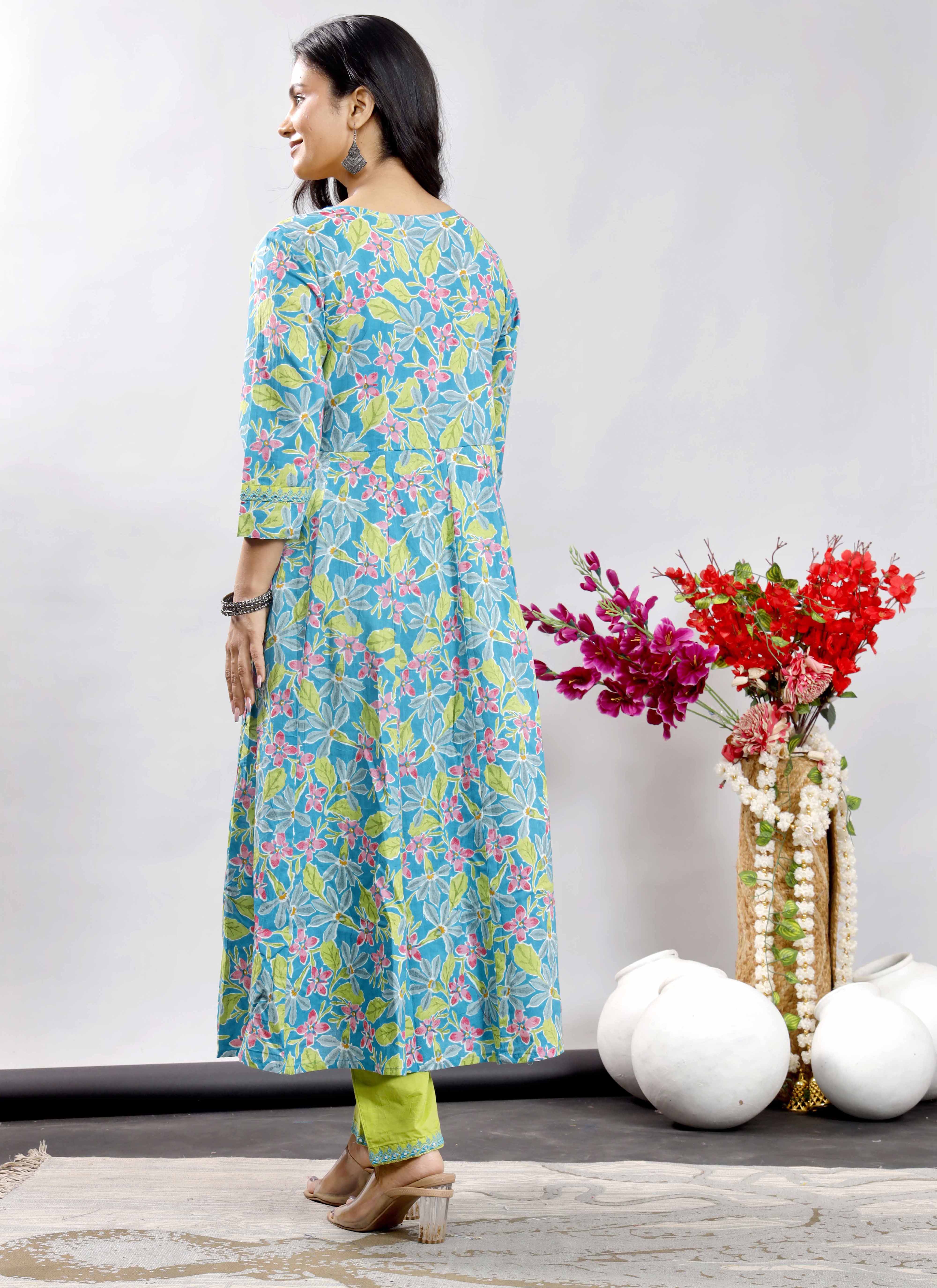 Turquoise and Lime Green Floral Anarkali Kurta Set with Printed Dupatta – Vibrant Ethnic Charm