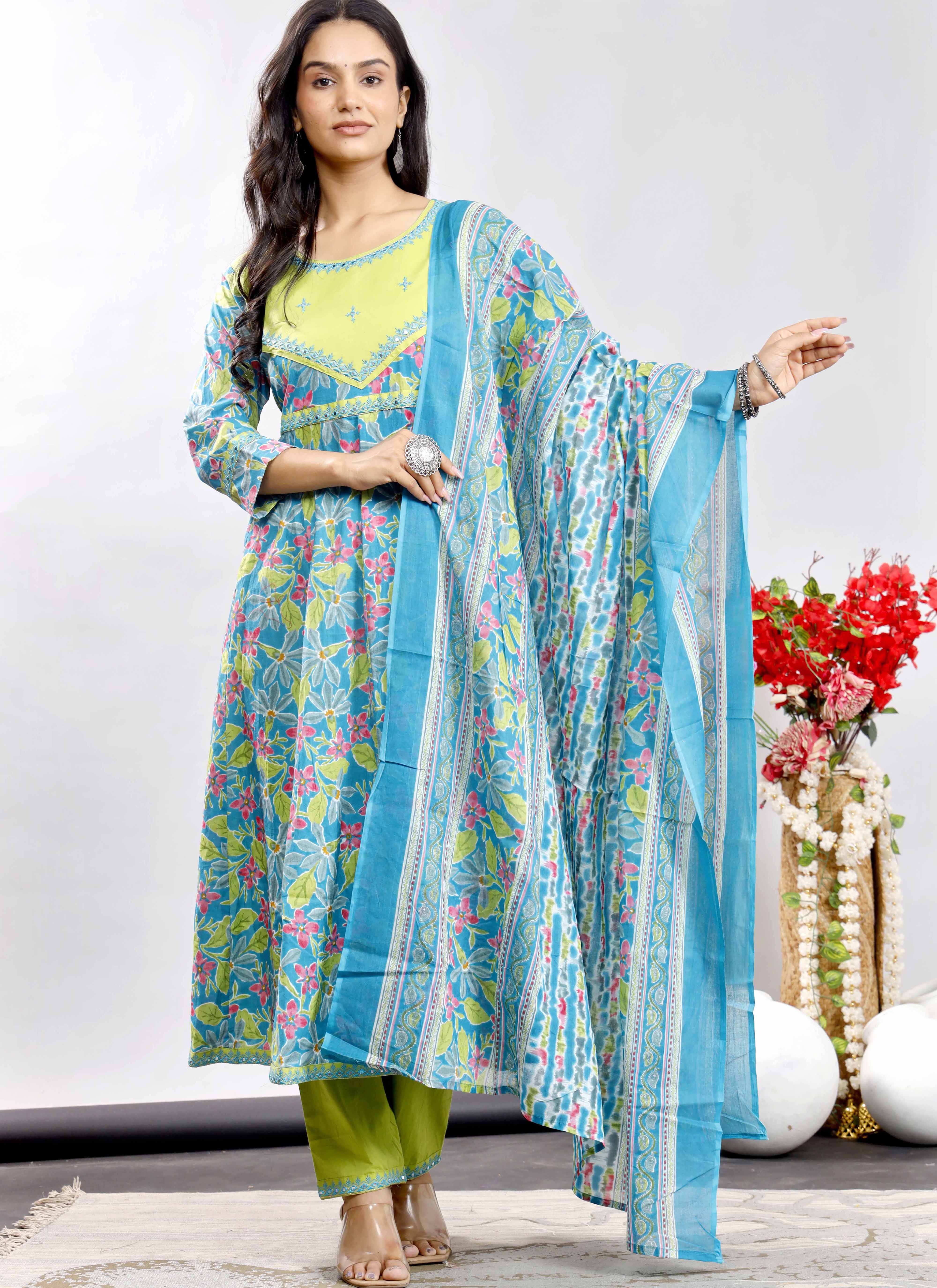 Turquoise and Lime Green Floral Anarkali Kurta Set with Printed Dupatta – Vibrant Ethnic Charm