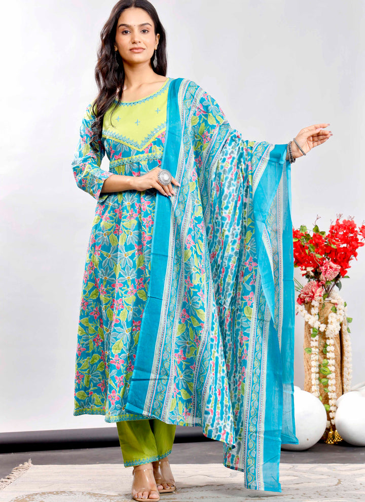 Turquoise and Lime Green Floral Anarkali Kurta Set with Printed Dupatta – Vibrant Ethnic Charm