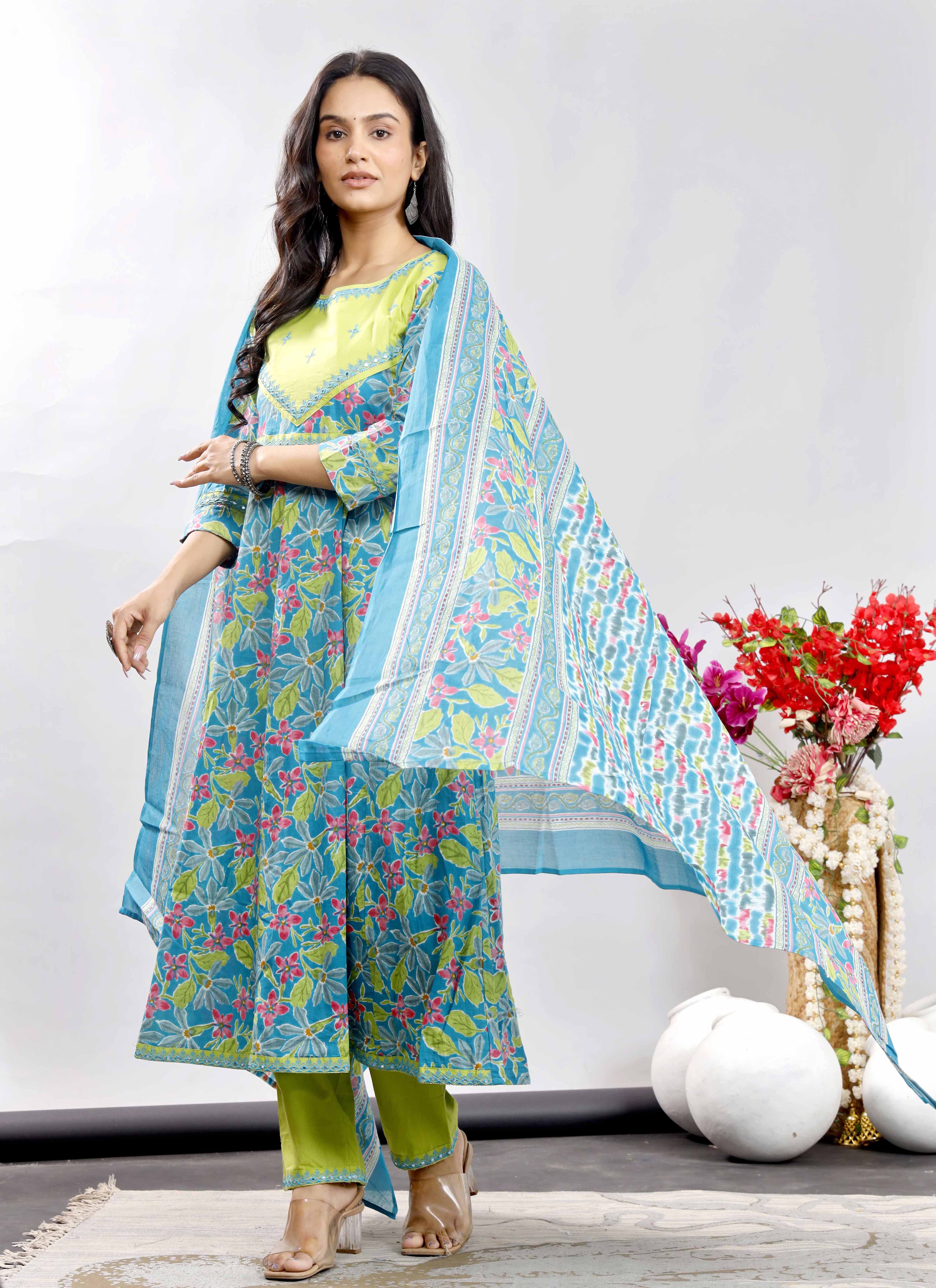 Turquoise and Lime Green Floral Anarkali Kurta Set with Printed Dupatta – Vibrant Ethnic Charm