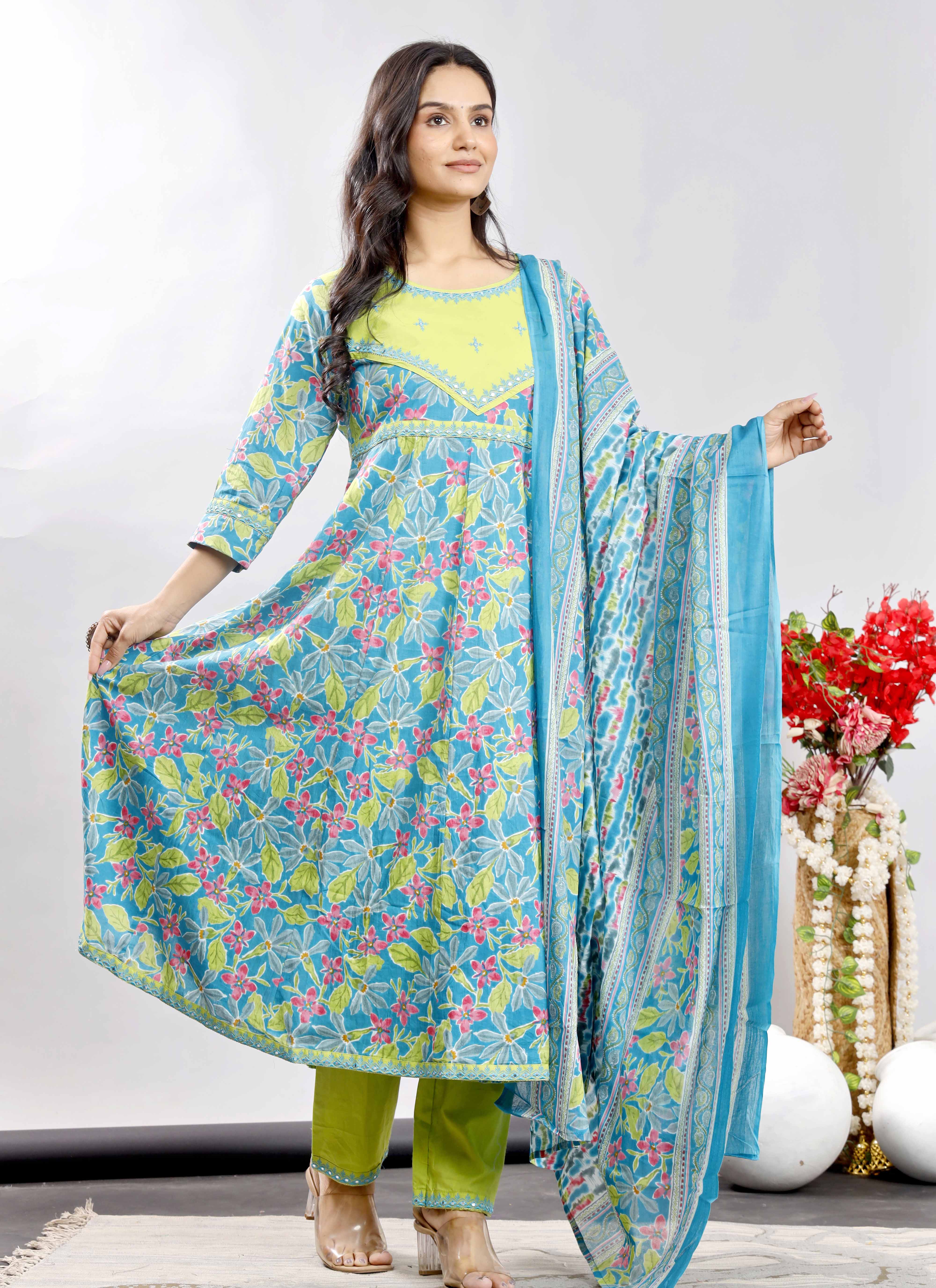 Turquoise and Lime Green Floral Anarkali Kurta Set with Printed Dupatta – Vibrant Ethnic Charm