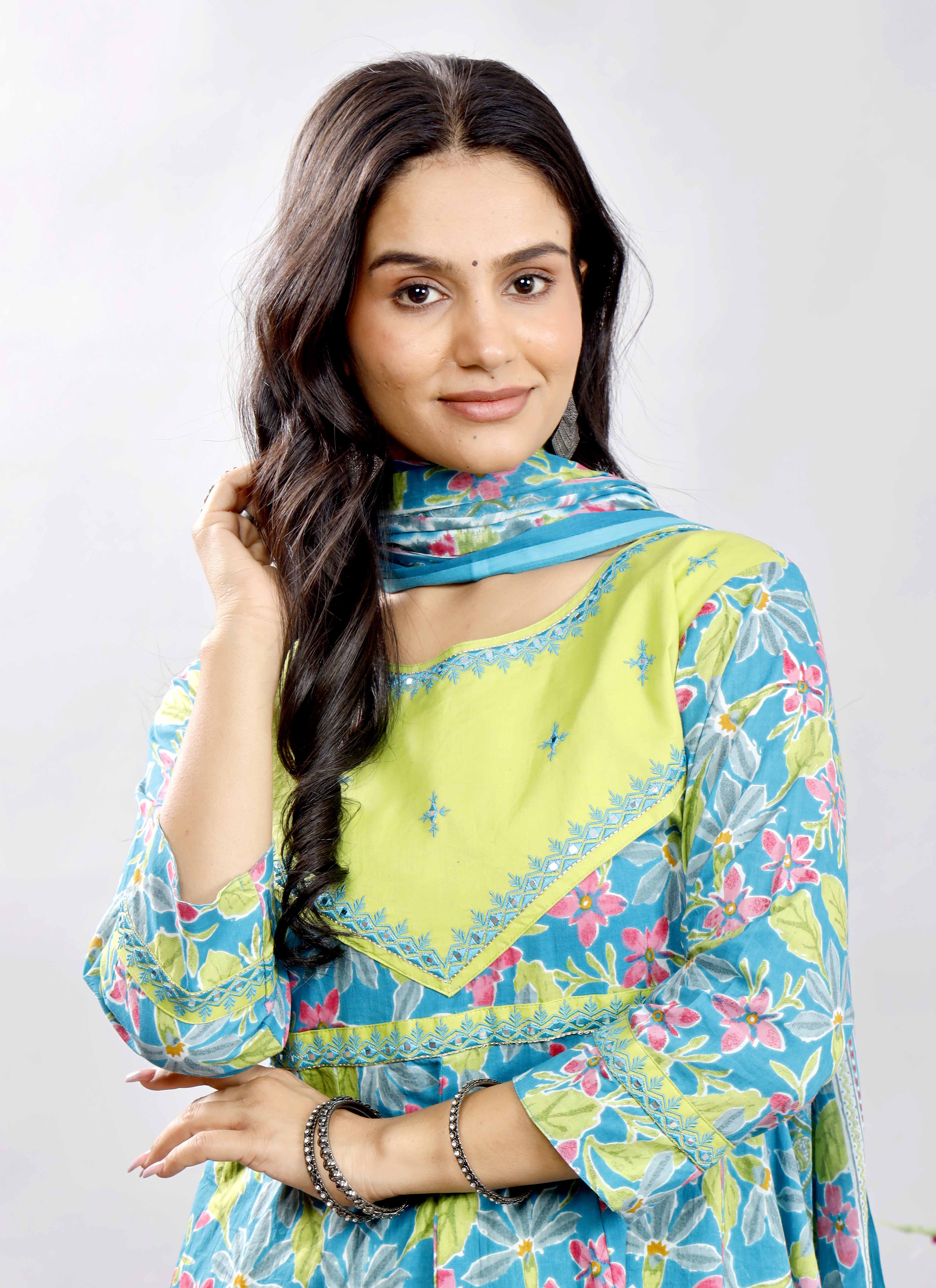 Turquoise and Lime Green Floral Anarkali Kurta Set with Printed Dupatta – Vibrant Ethnic Charm