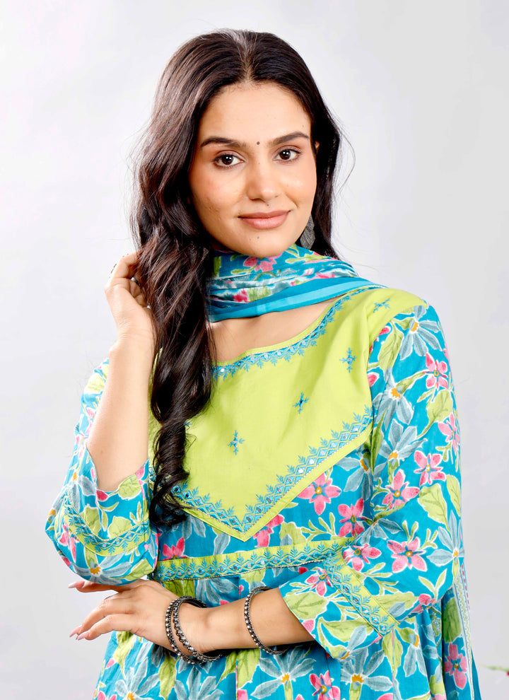 Turquoise and Lime Green Floral Anarkali Kurta Set with Printed Dupatta – Vibrant Ethnic Charm