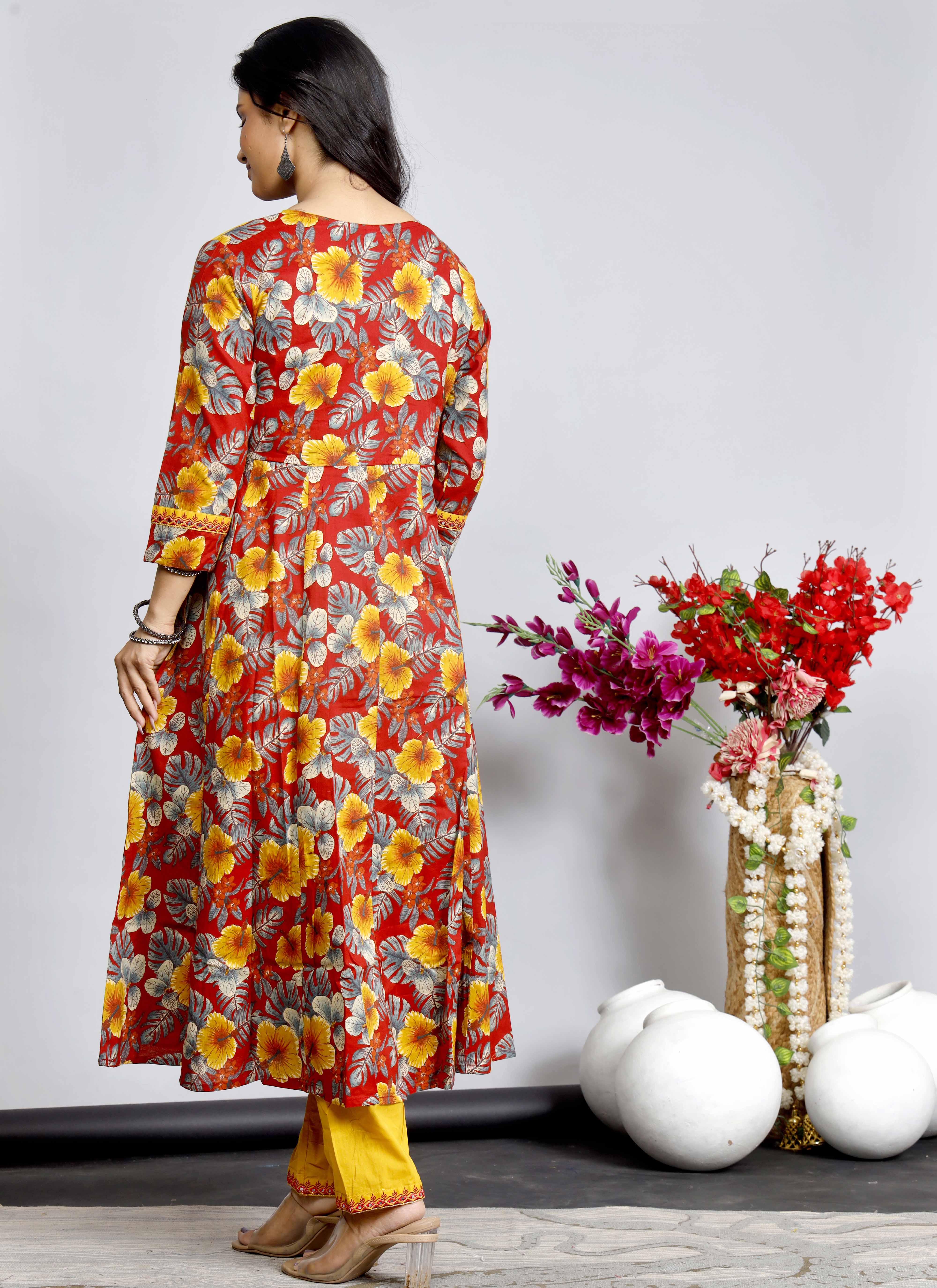 Fiery Red & Yellow Floral Anarkali Kurta Set with Printed Dupatta – Bold & Festive Elegance