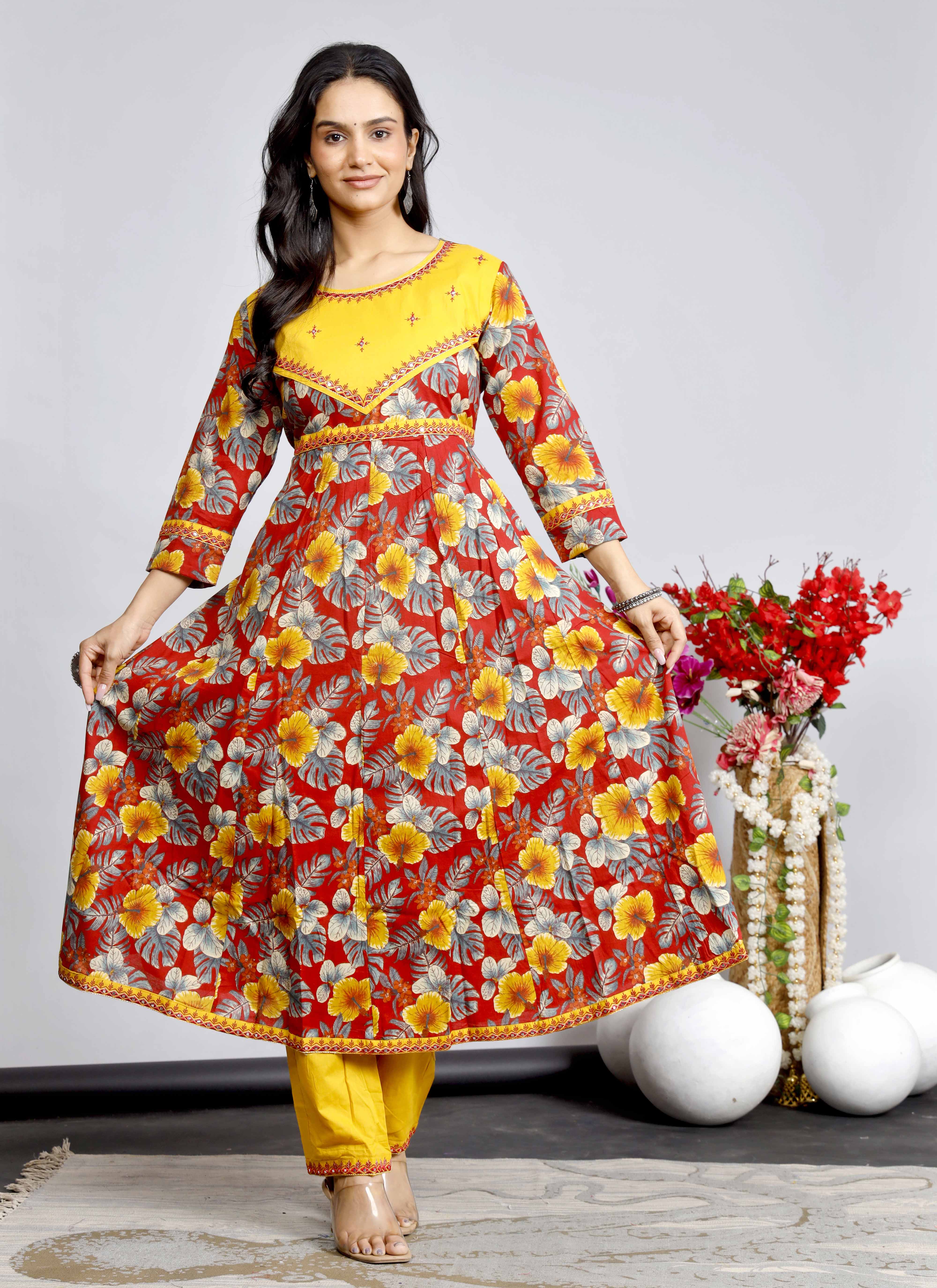Fiery Red & Yellow Floral Anarkali Kurta Set with Printed Dupatta – Bold & Festive Elegance
