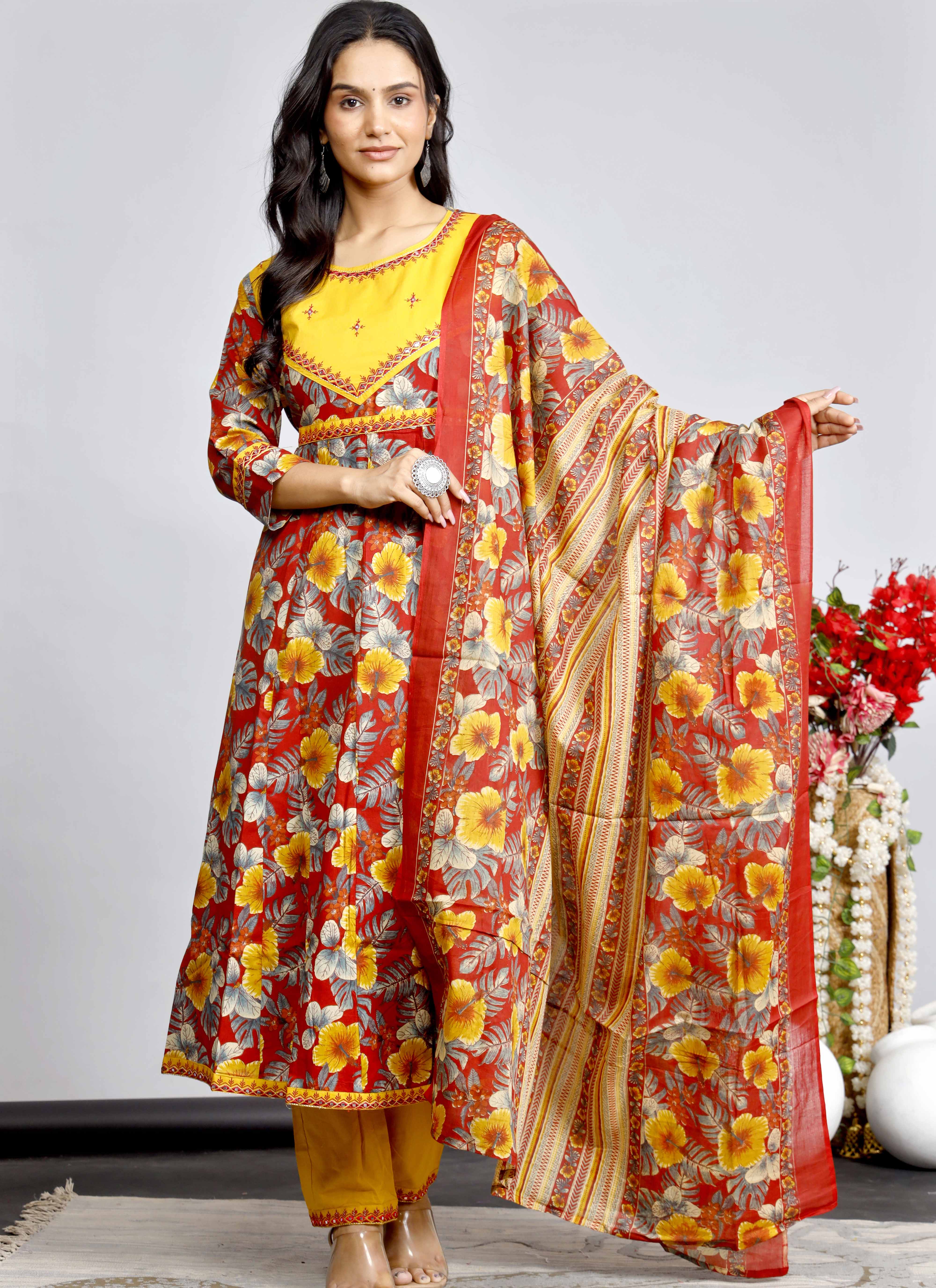 Fiery Red & Yellow Floral Anarkali Kurta Set with Printed Dupatta – Bold & Festive Elegance
