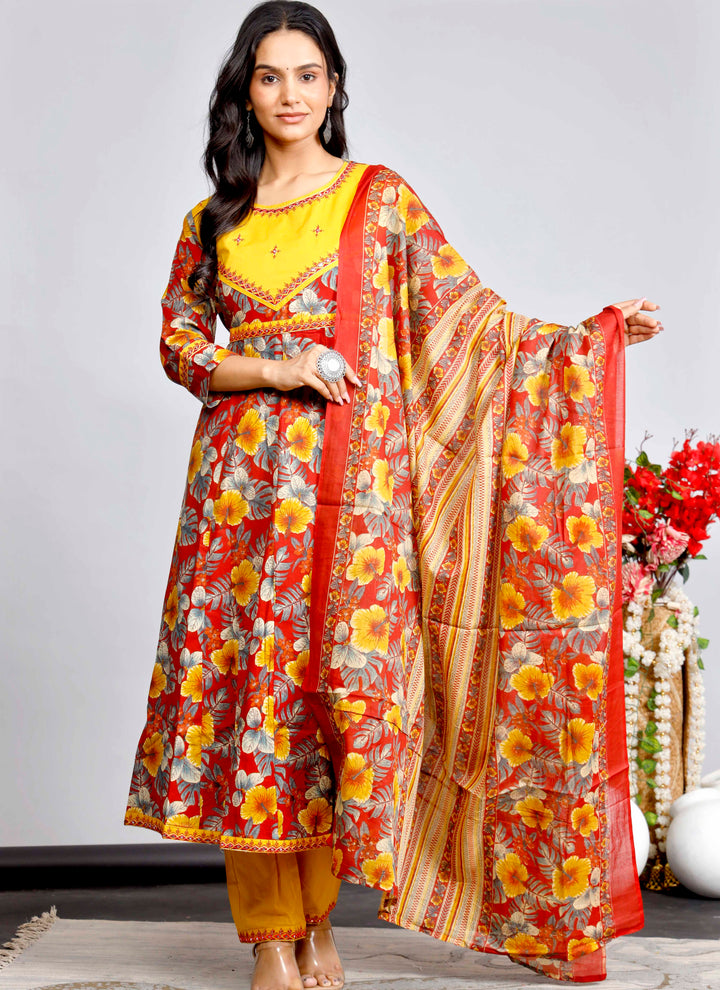Fiery Red & Yellow Floral Anarkali Kurta Set with Printed Dupatta – Bold & Festive Elegance