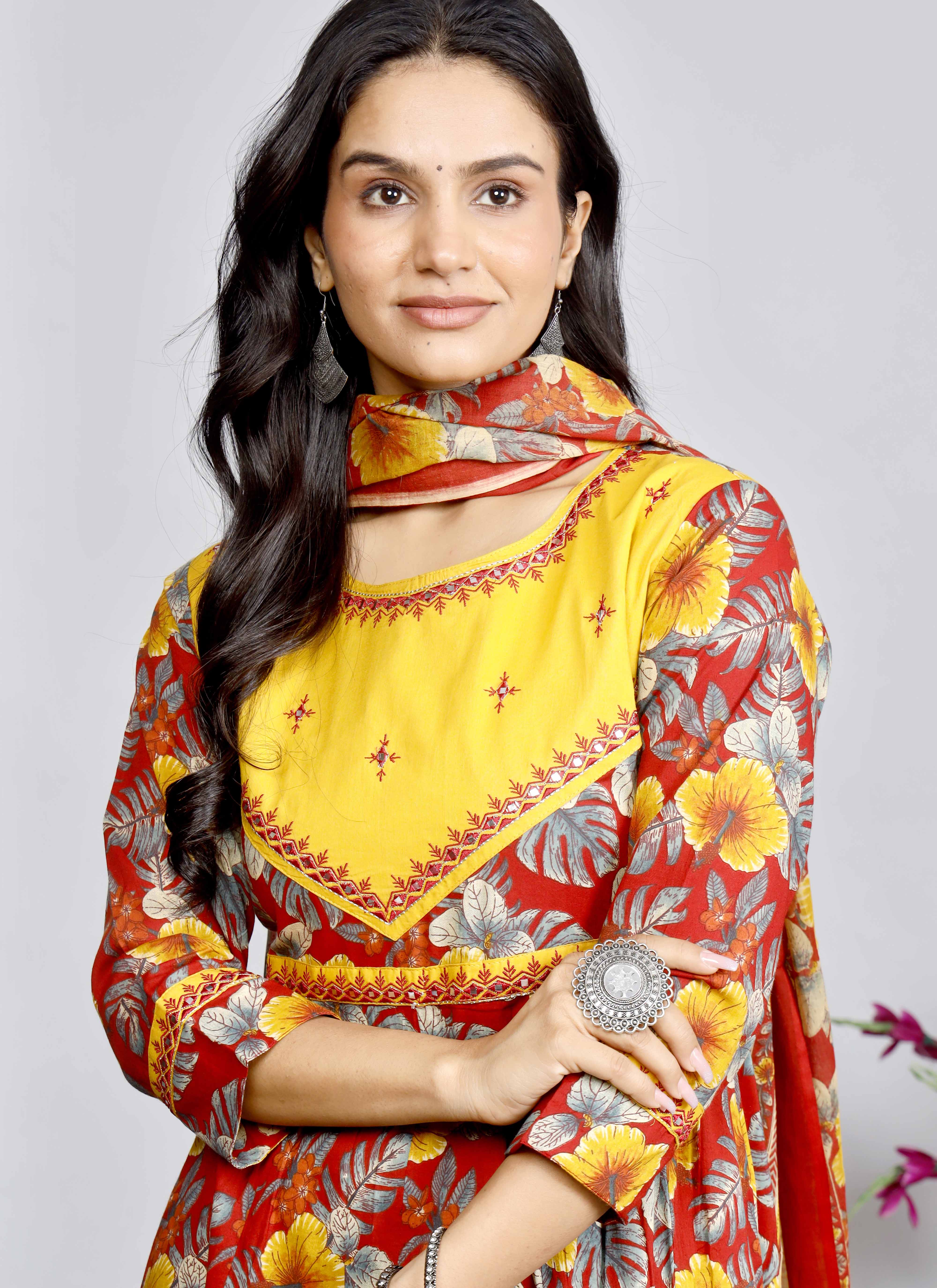 Fiery Red & Yellow Floral Anarkali Kurta Set with Printed Dupatta – Bold & Festive Elegance