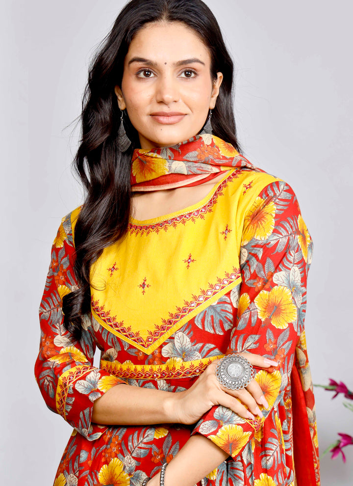 Fiery Red & Yellow Floral Anarkali Kurta Set with Printed Dupatta – Bold & Festive Elegance