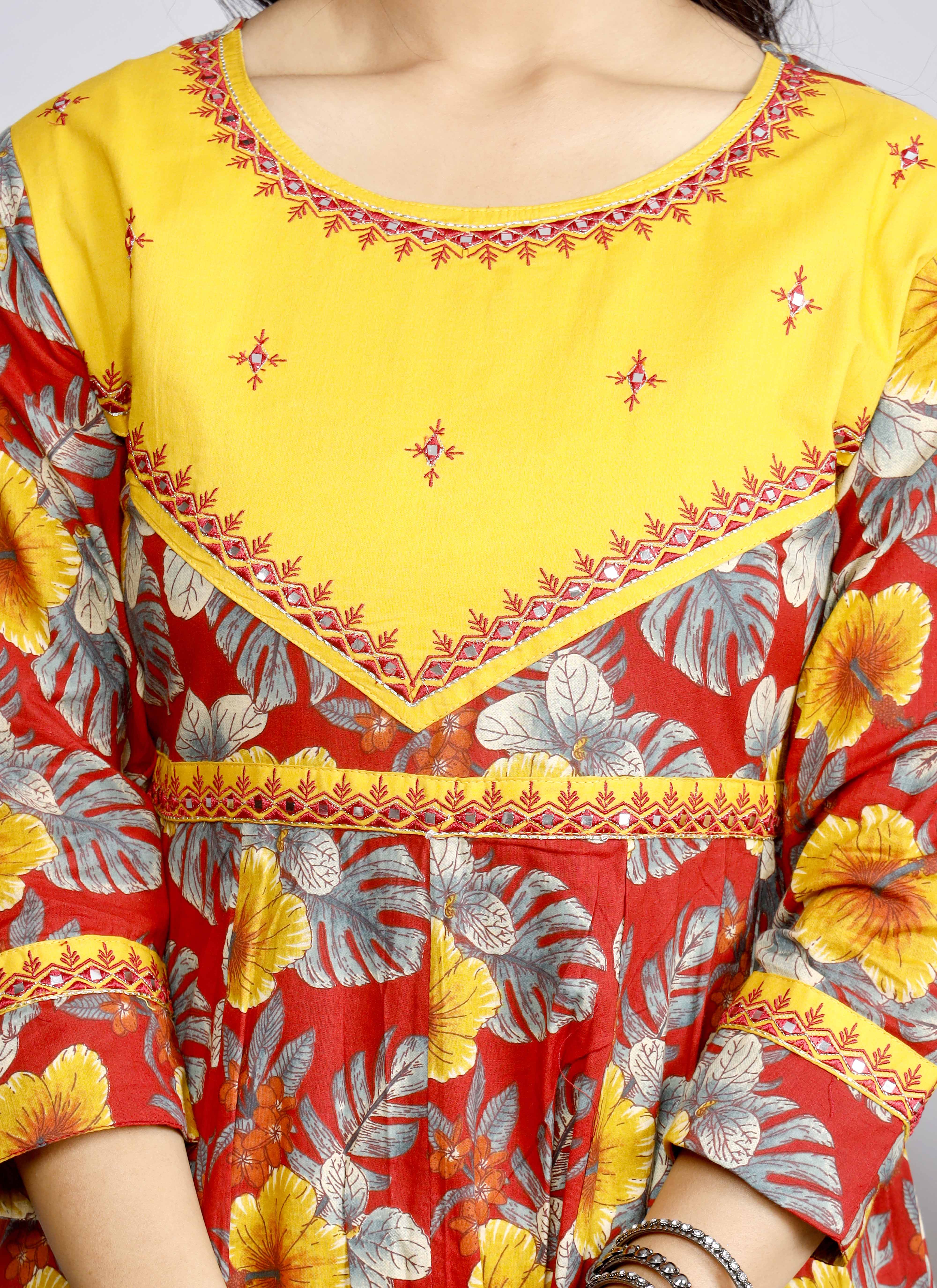 Fiery Red & Yellow Floral Anarkali Kurta Set with Printed Dupatta – Bold & Festive Elegance