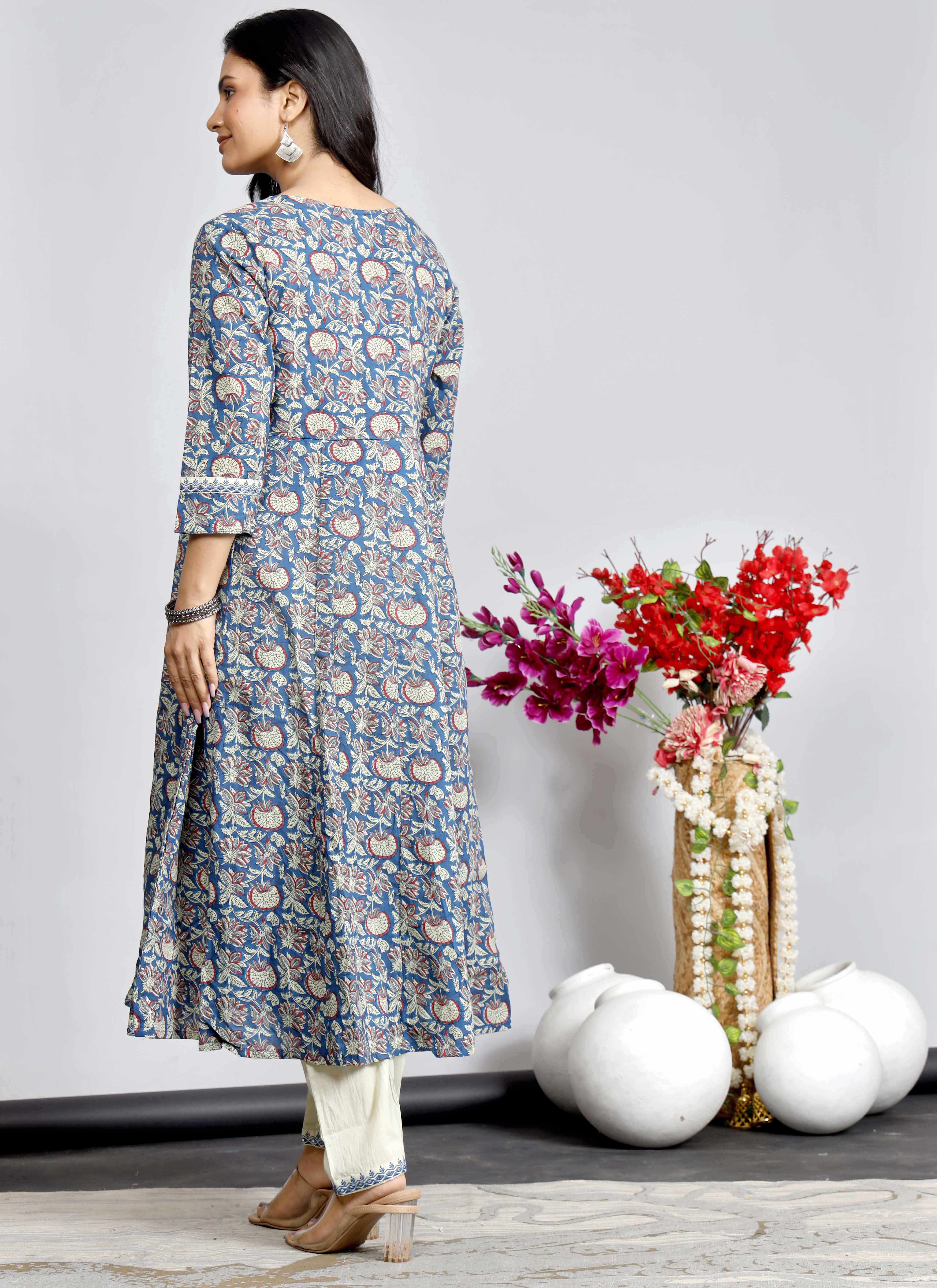 Elegant Indigo & Beige Floral Kurta Set with Printed Dupatta – Timeless Ethnic Charm