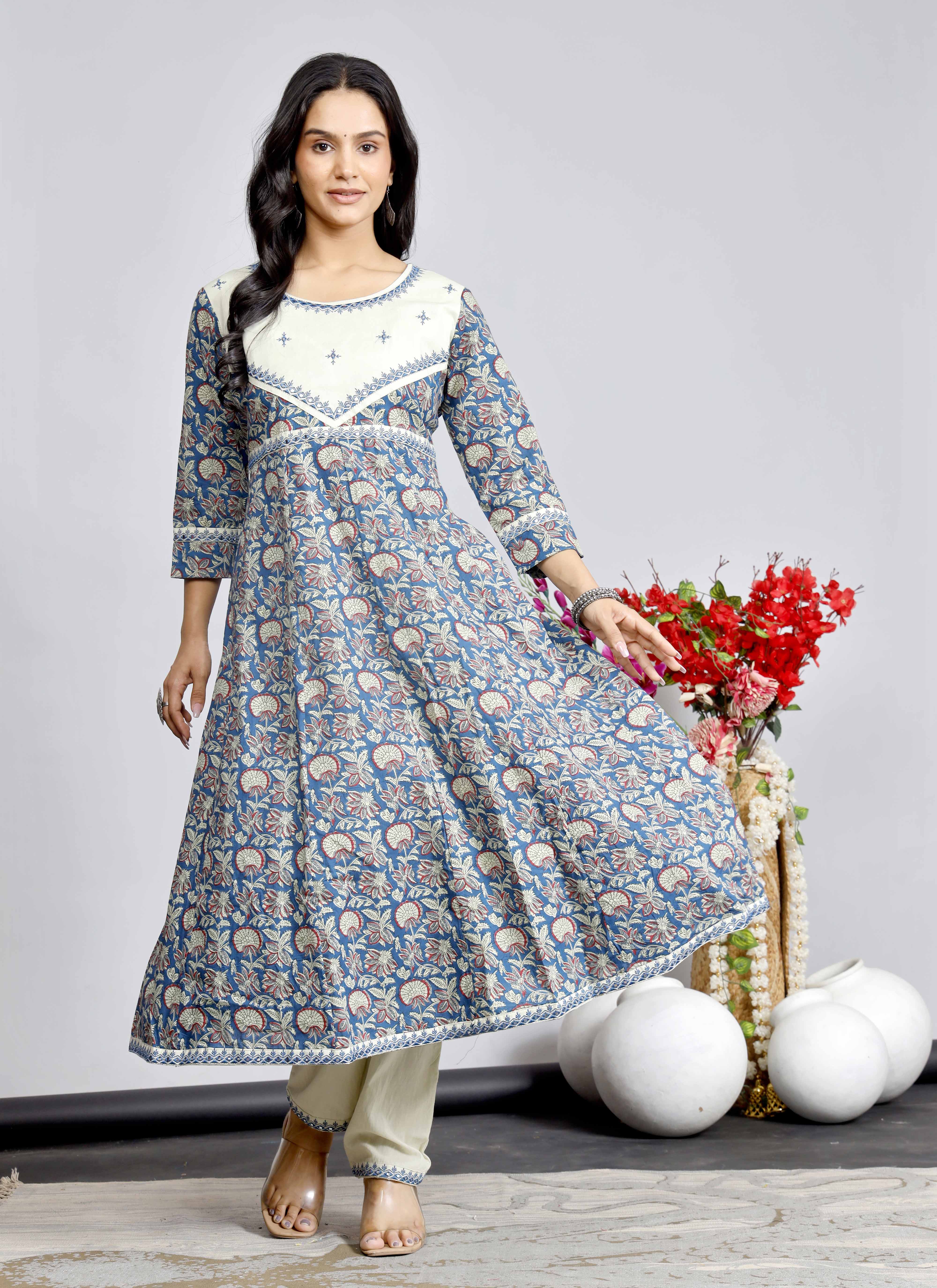 Elegant Indigo & Beige Floral Kurta Set with Printed Dupatta – Timeless Ethnic Charm