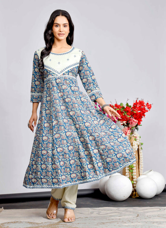 Elegant Indigo & Beige Floral Kurta Set with Printed Dupatta – Timeless Ethnic Charm