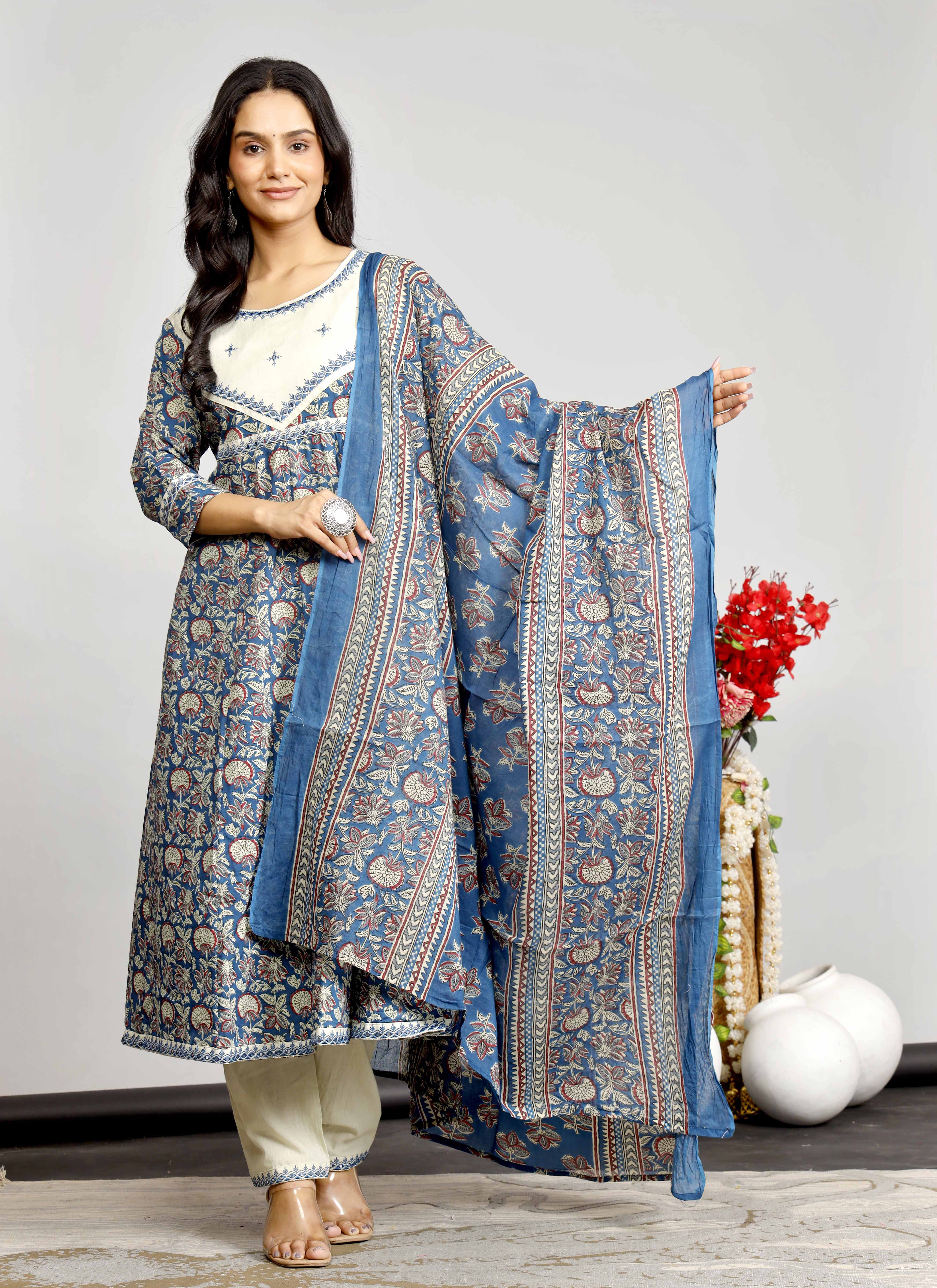 Elegant Indigo & Beige Floral Kurta Set with Printed Dupatta – Timeless Ethnic Charm