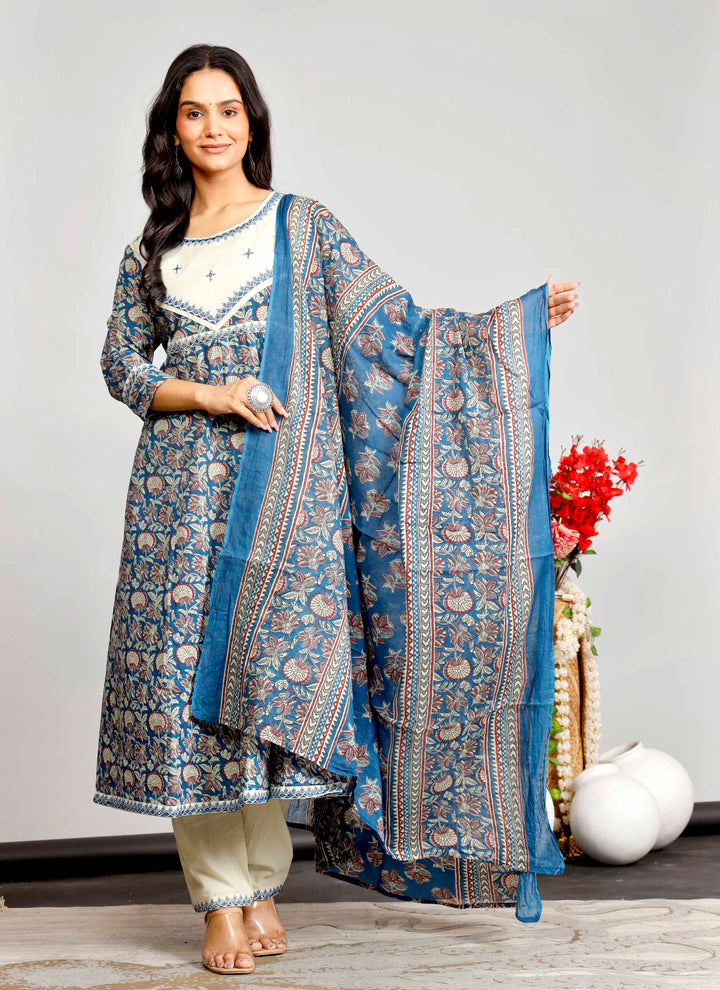 Elegant Indigo & Beige Floral Kurta Set with Printed Dupatta – Timeless Ethnic Charm