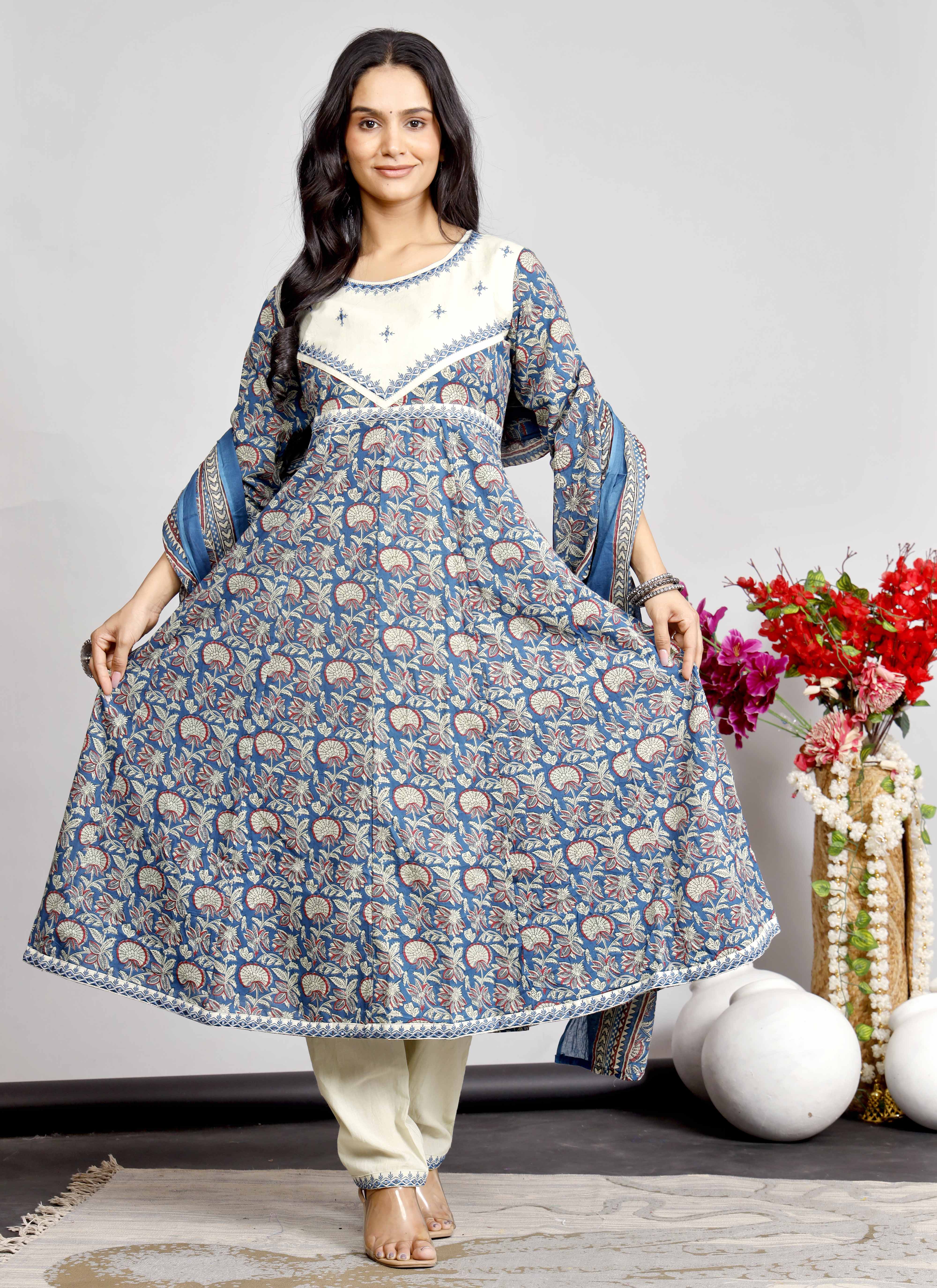 Elegant Indigo & Beige Floral Kurta Set with Printed Dupatta – Timeless Ethnic Charm