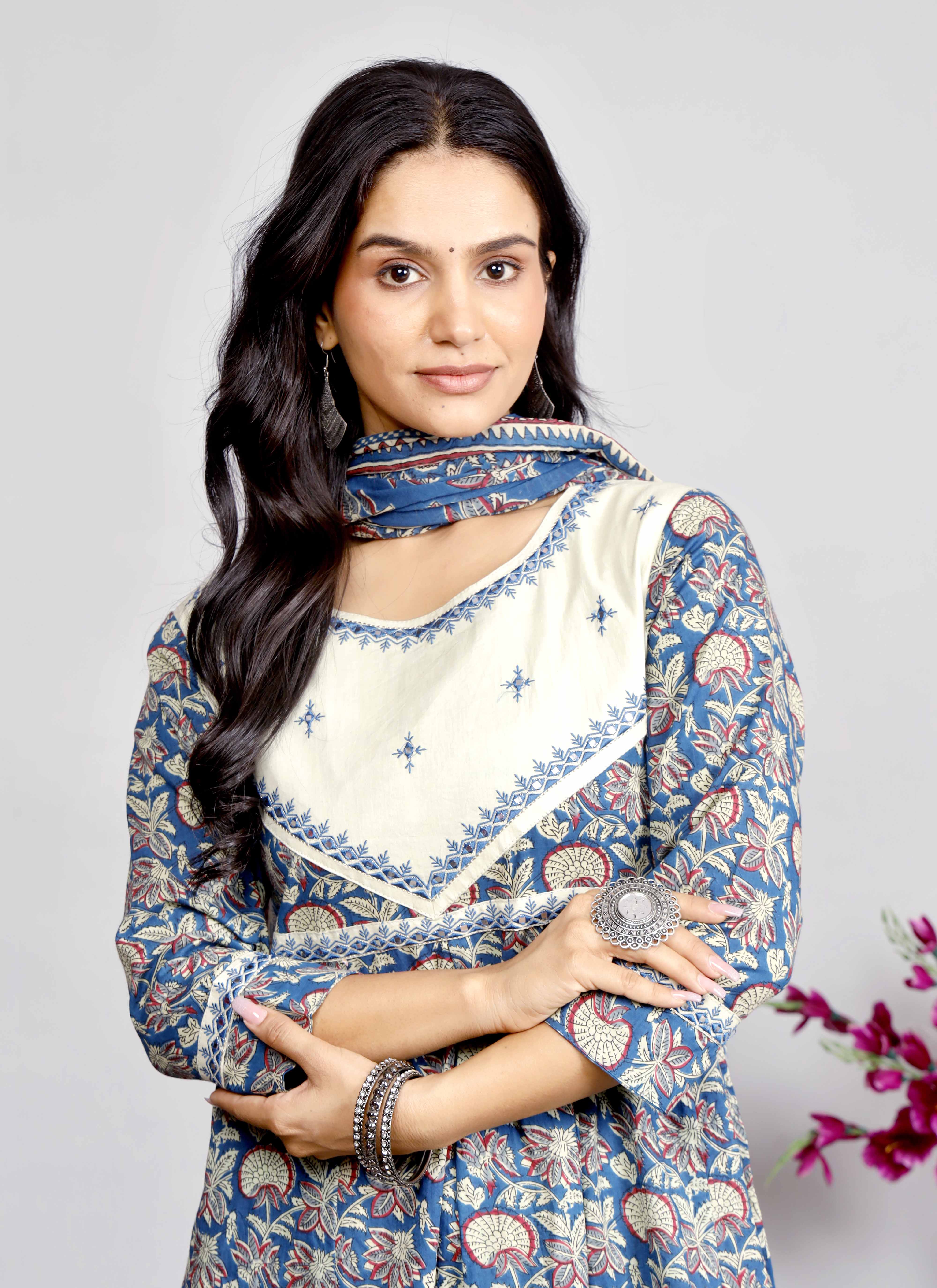 Elegant Indigo & Beige Floral Kurta Set with Printed Dupatta – Timeless Ethnic Charm