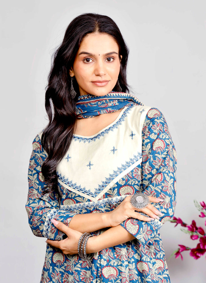 Elegant Indigo & Beige Floral Kurta Set with Printed Dupatta – Timeless Ethnic Charm