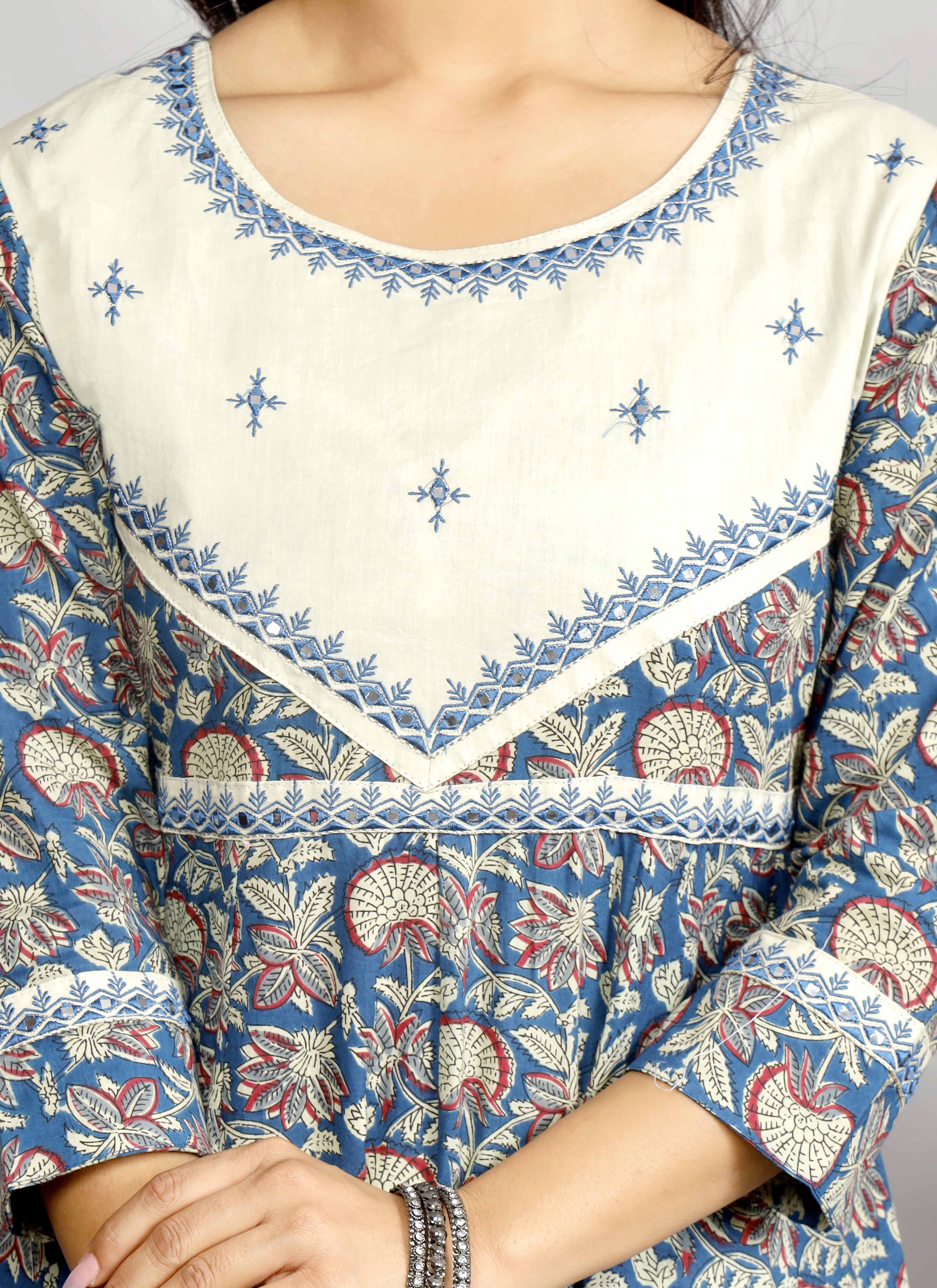 Elegant Indigo & Beige Floral Kurta Set with Printed Dupatta – Timeless Ethnic Charm