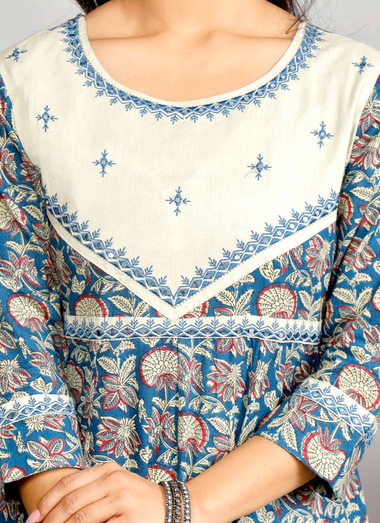 Elegant Indigo & Beige Floral Kurta Set with Printed Dupatta – Timeless Ethnic Charm