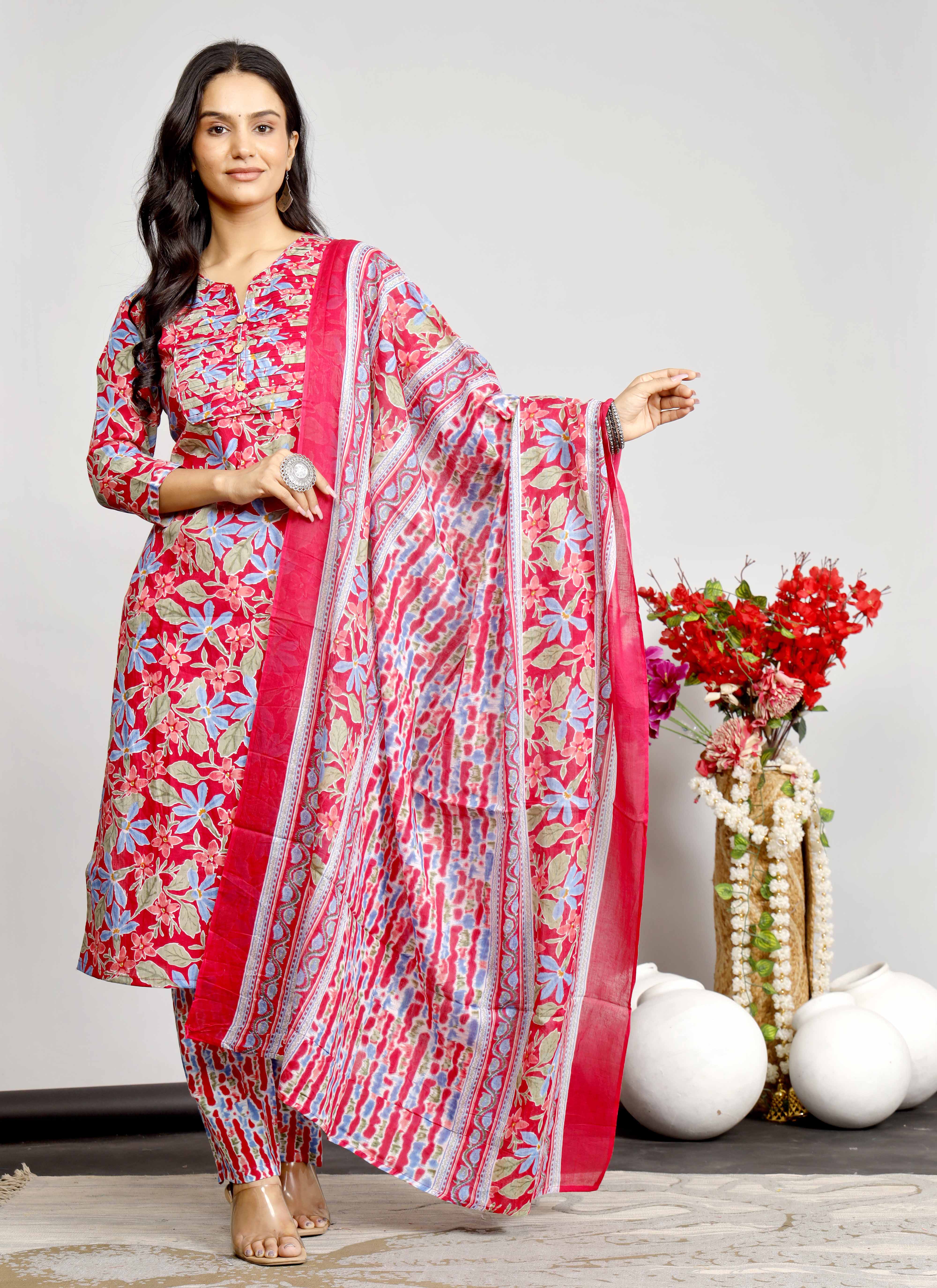 Bright Red & Blue Floral Kurta Set with Tie-Dye Inspired Dupatta – Festive Fusion Elegance