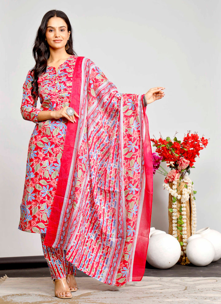 Bright Red & Blue Floral Kurta Set with Tie-Dye Inspired Dupatta – Festive Fusion Elegance