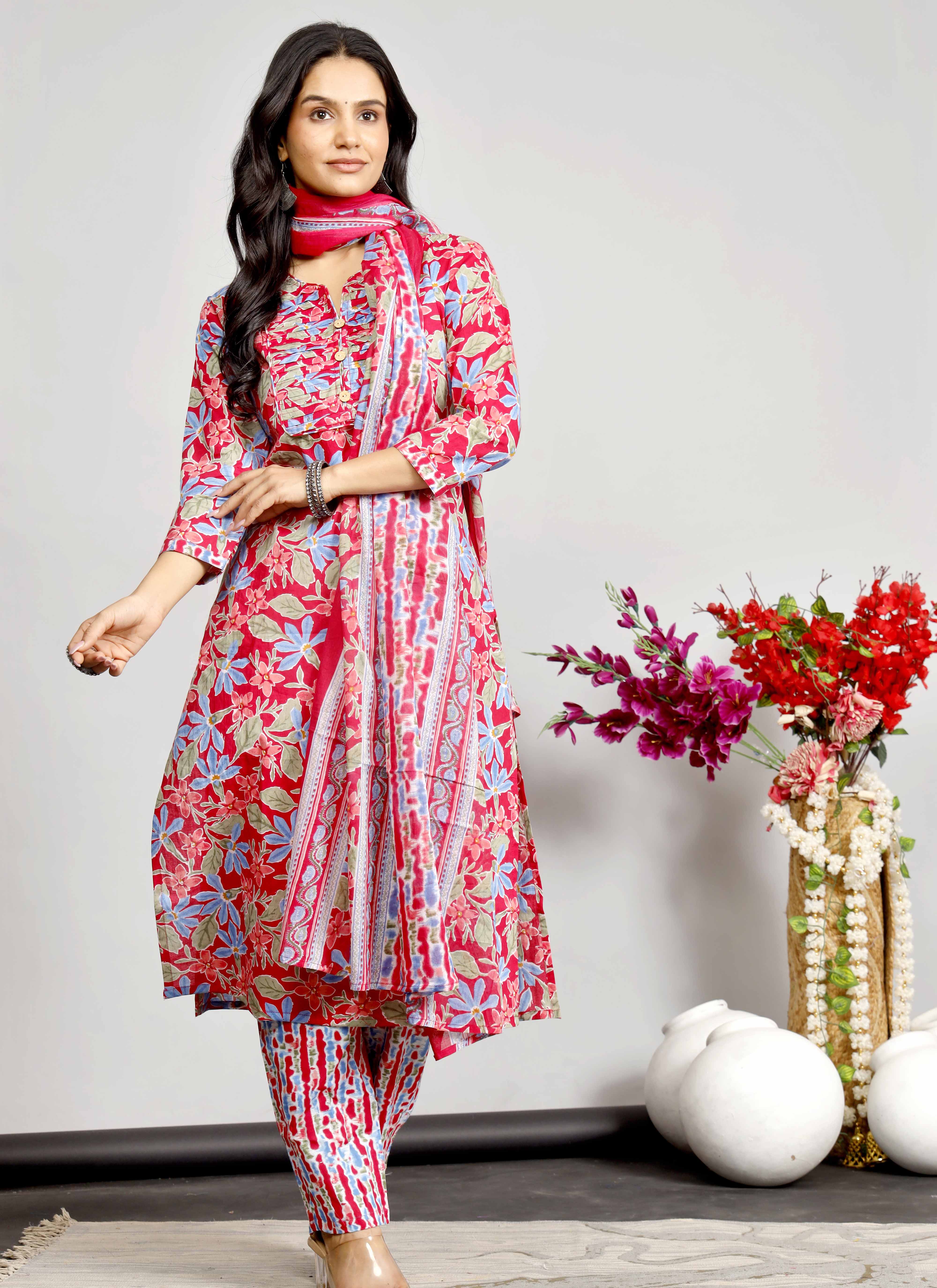 Bright Red & Blue Floral Kurta Set with Tie-Dye Inspired Dupatta – Festive Fusion Elegance