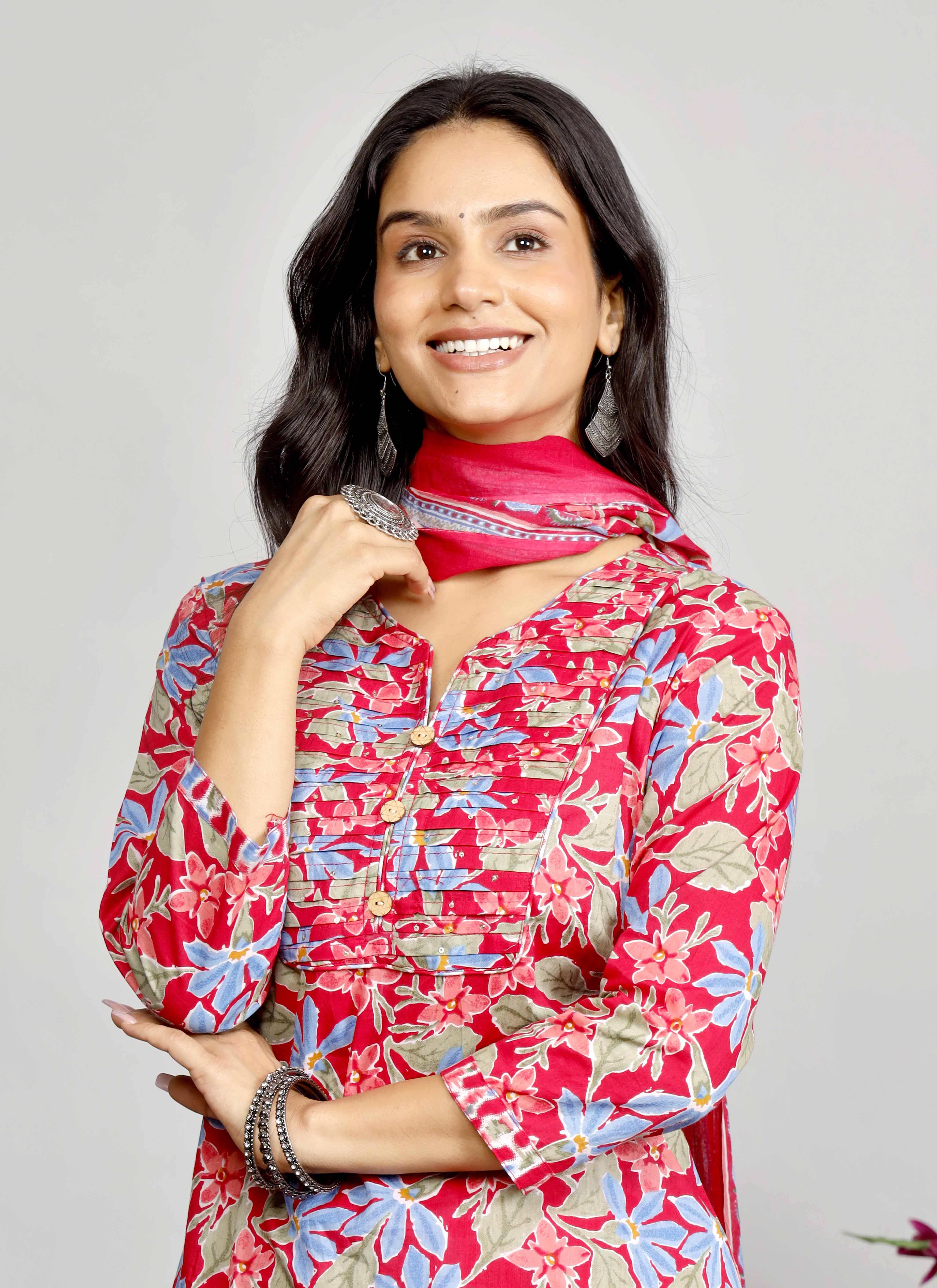 Bright Red & Blue Floral Kurta Set with Tie-Dye Inspired Dupatta – Festive Fusion Elegance