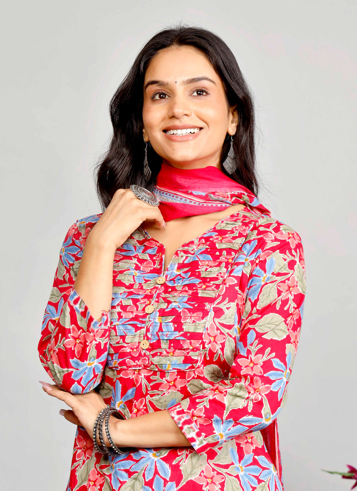 Bright Red & Blue Floral Kurta Set with Tie-Dye Inspired Dupatta – Festive Fusion Elegance