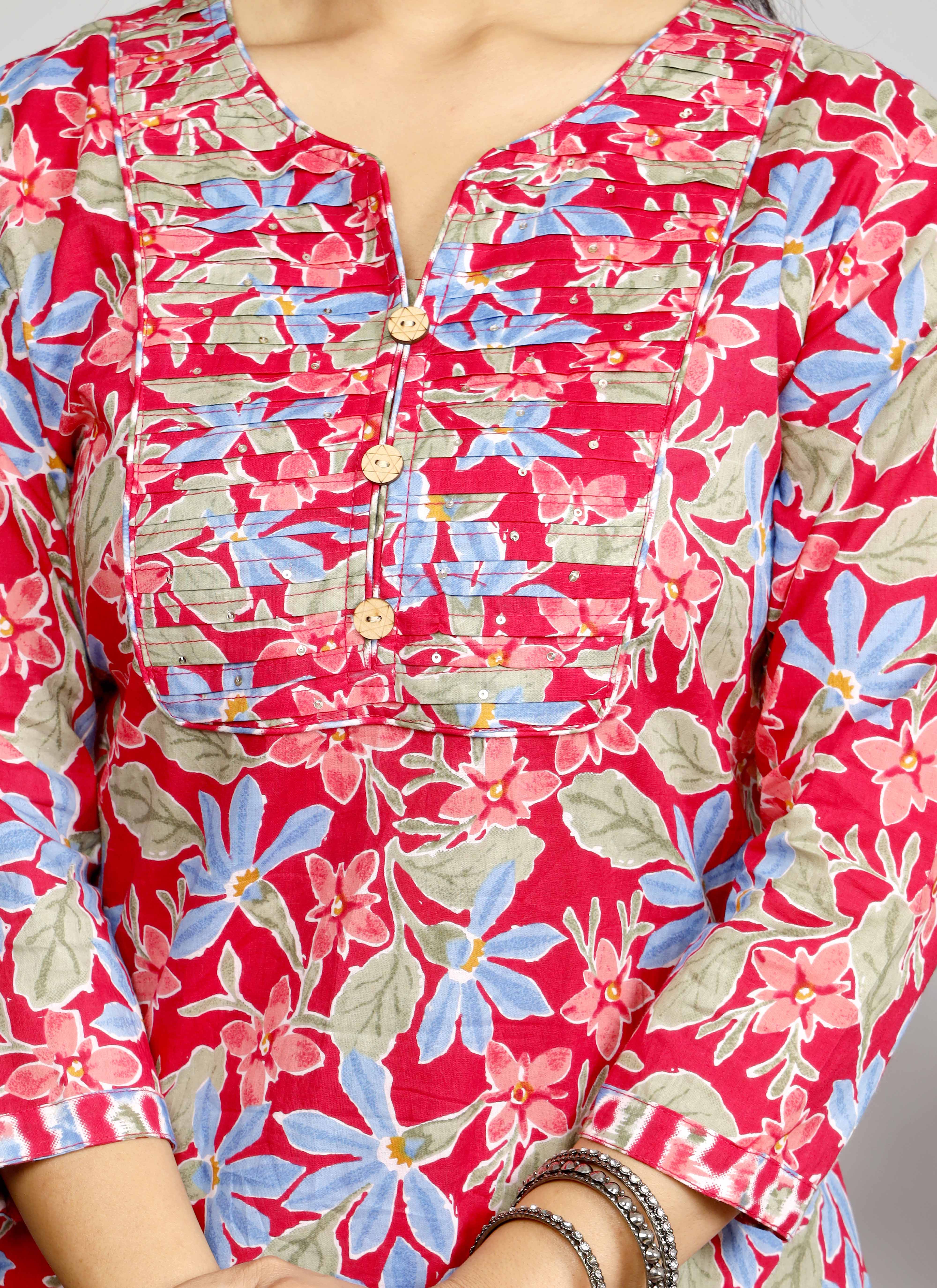Bright Red & Blue Floral Kurta Set with Tie-Dye Inspired Dupatta – Festive Fusion Elegance