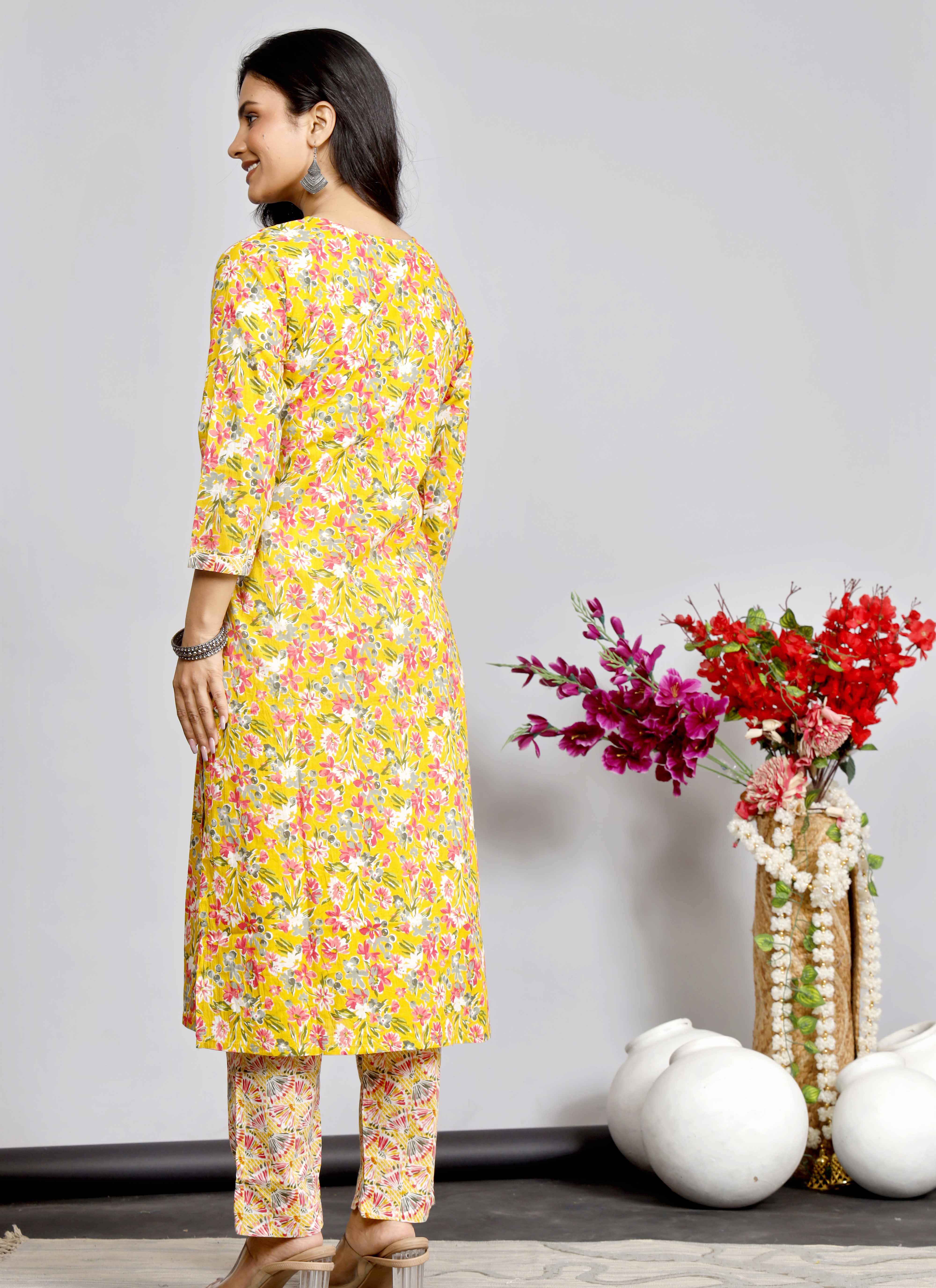 Bright Yellow Floral Printed Cotton Kurta Set with Dupatta for Women