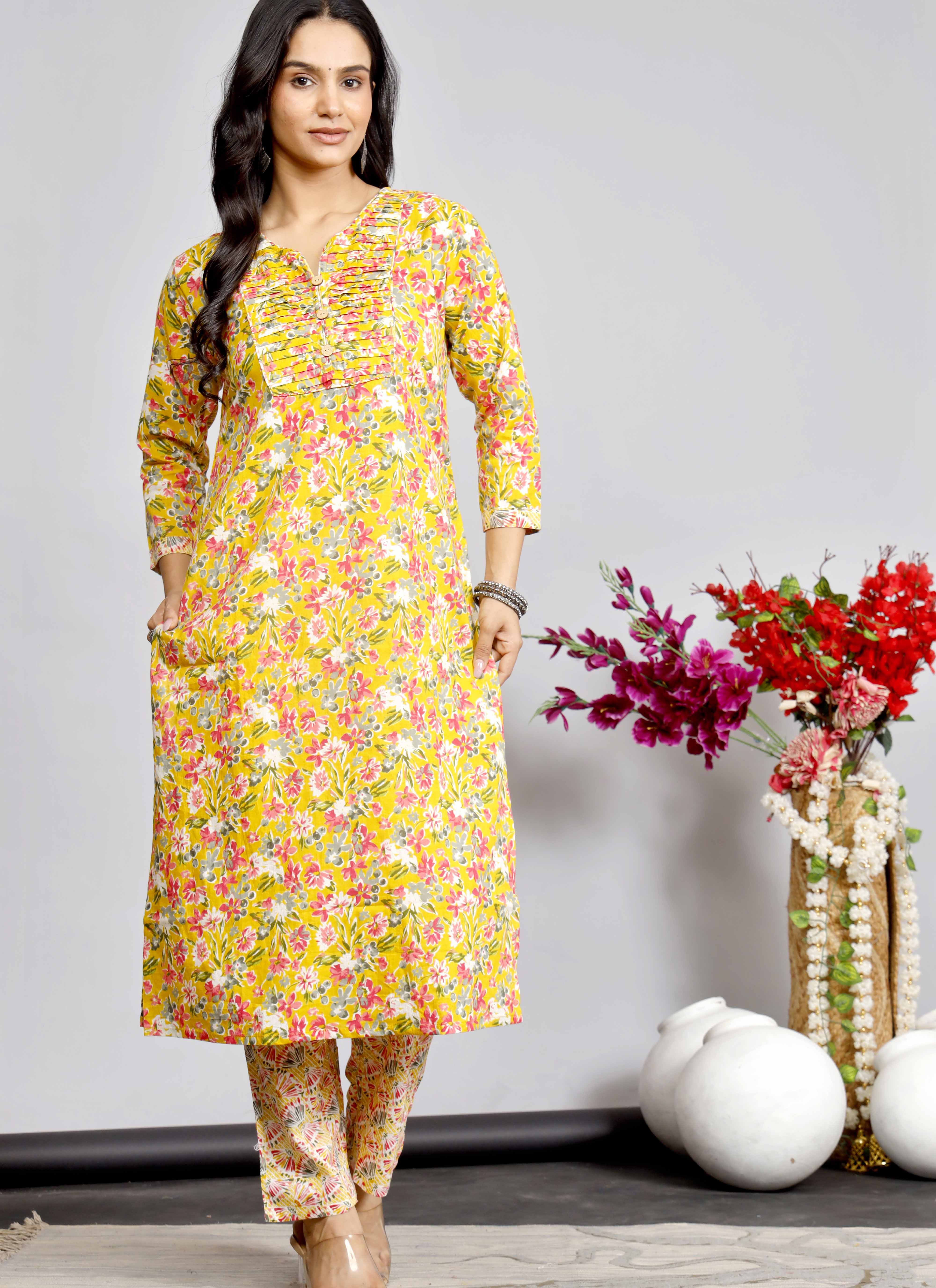 Bright Yellow Floral Printed Cotton Kurta Set with Dupatta for Women