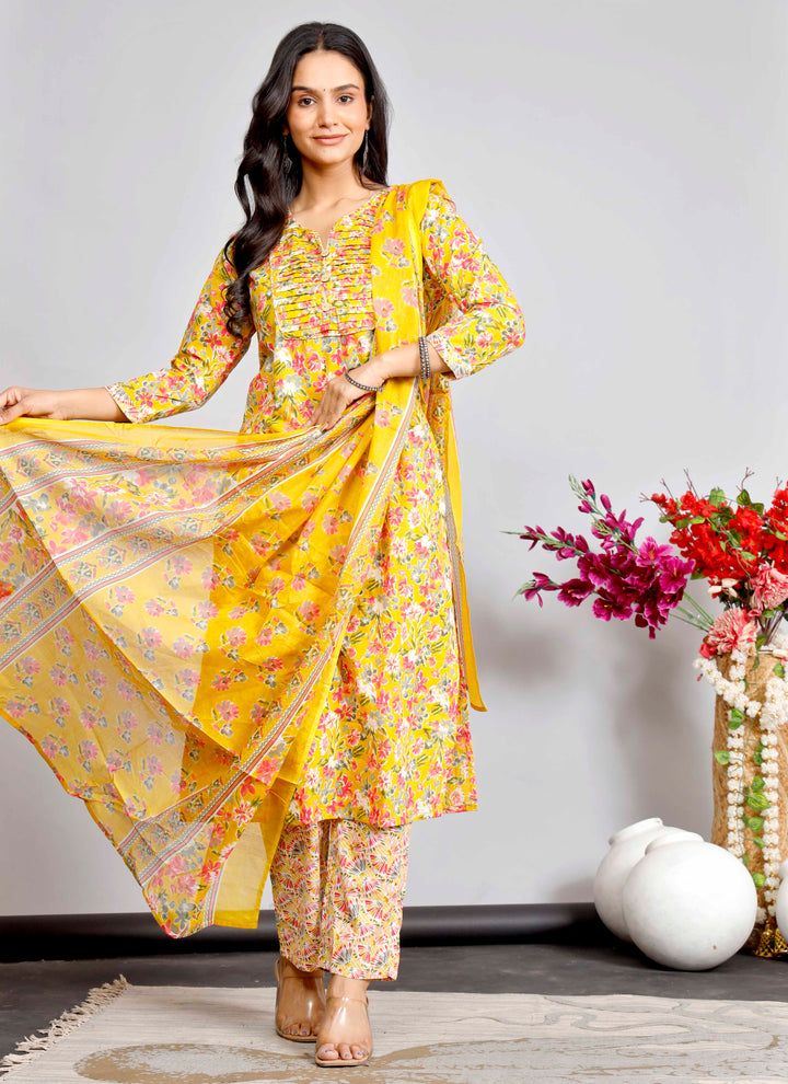 Bright Yellow Floral Printed Cotton Kurta Set with Dupatta for Women