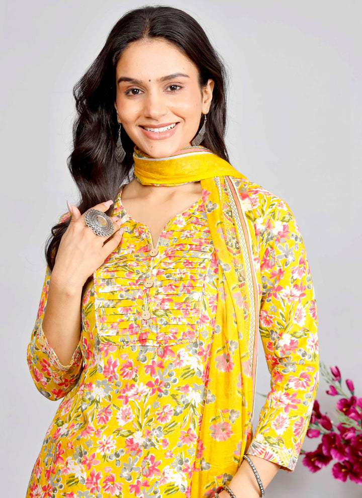 Bright Yellow Floral Printed Cotton Kurta Set with Dupatta for Women