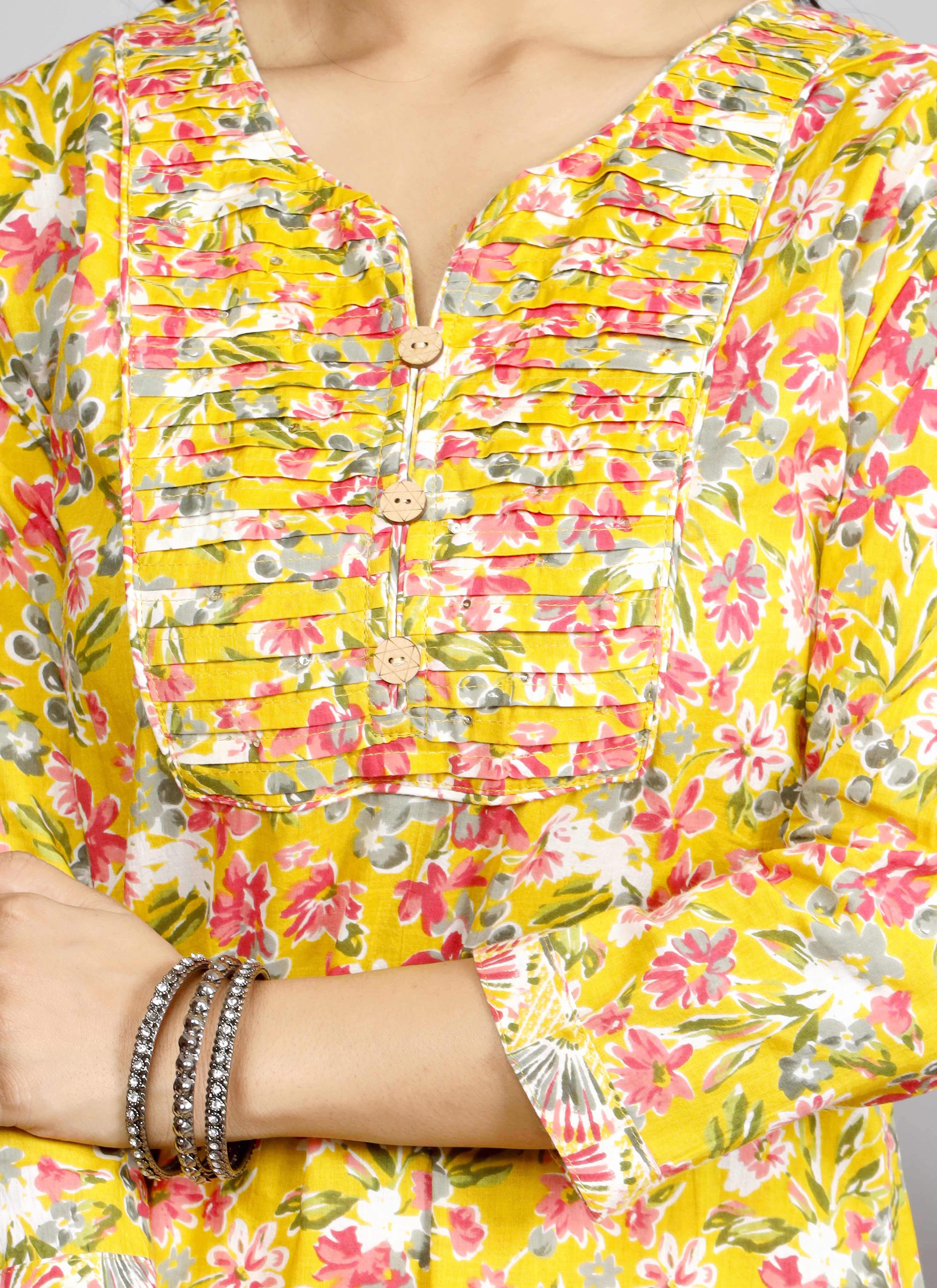 Bright Yellow Floral Printed Cotton Kurta Set with Dupatta for Women