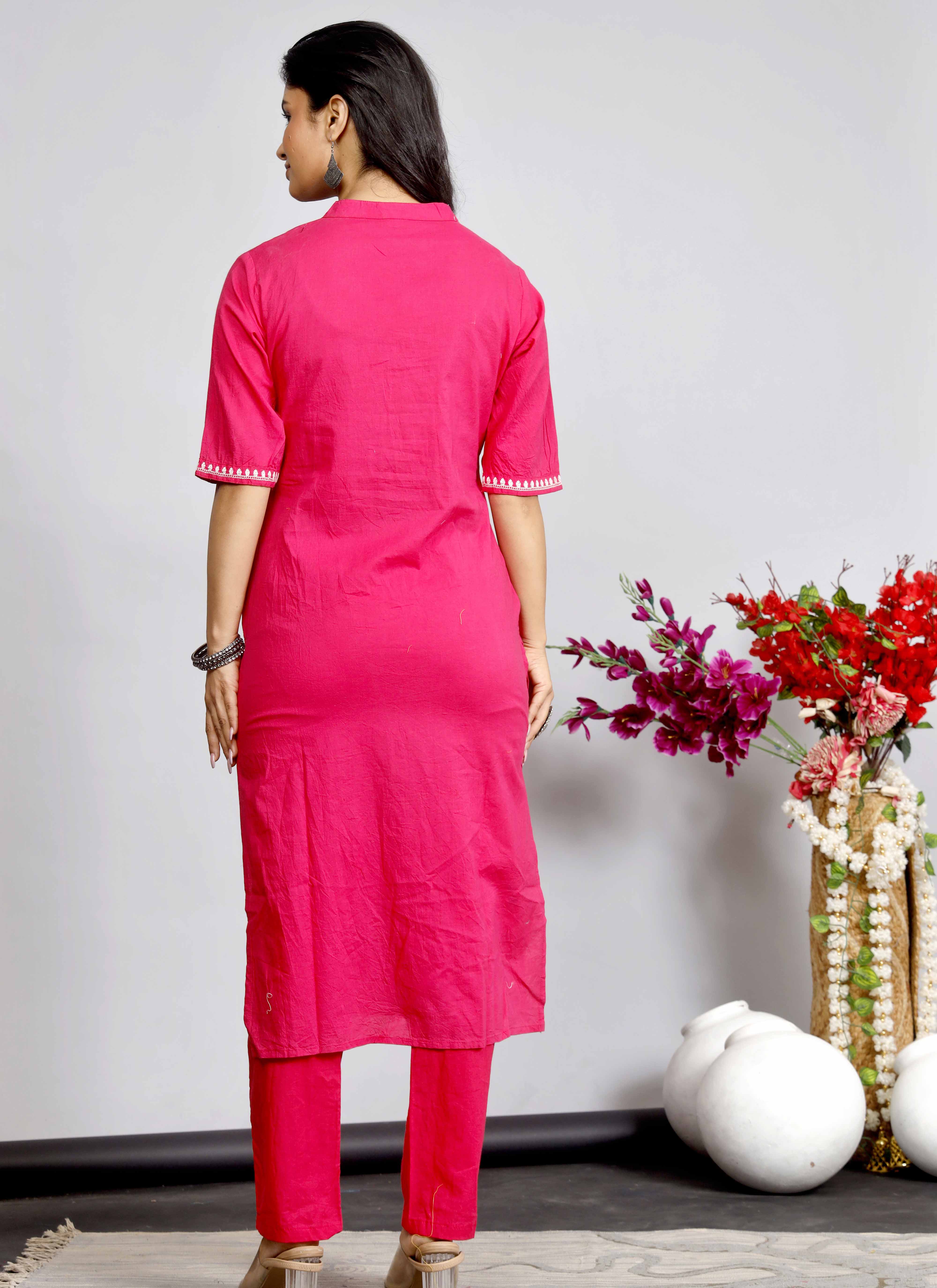 Elegant Pink Cotton Kurta Set with White Embroidery for Women
