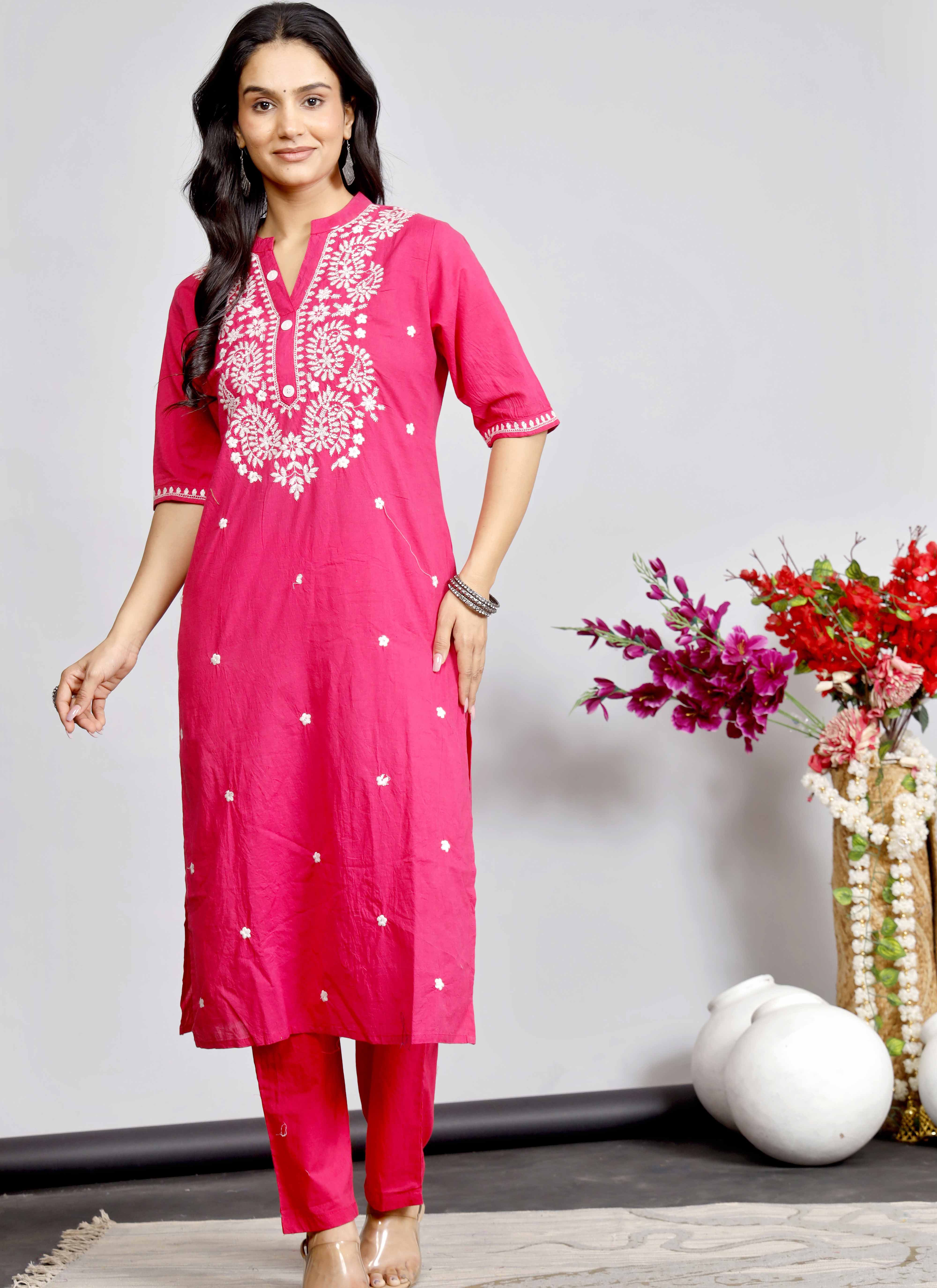 Elegant Pink Cotton Kurta Set with White Embroidery for Women