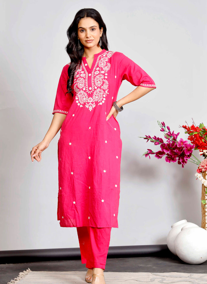 Elegant Pink Cotton Kurta Set with White Embroidery for Women