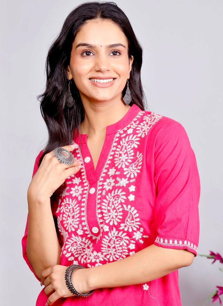 Elegant Pink Cotton Kurta Set with White Embroidery for Women