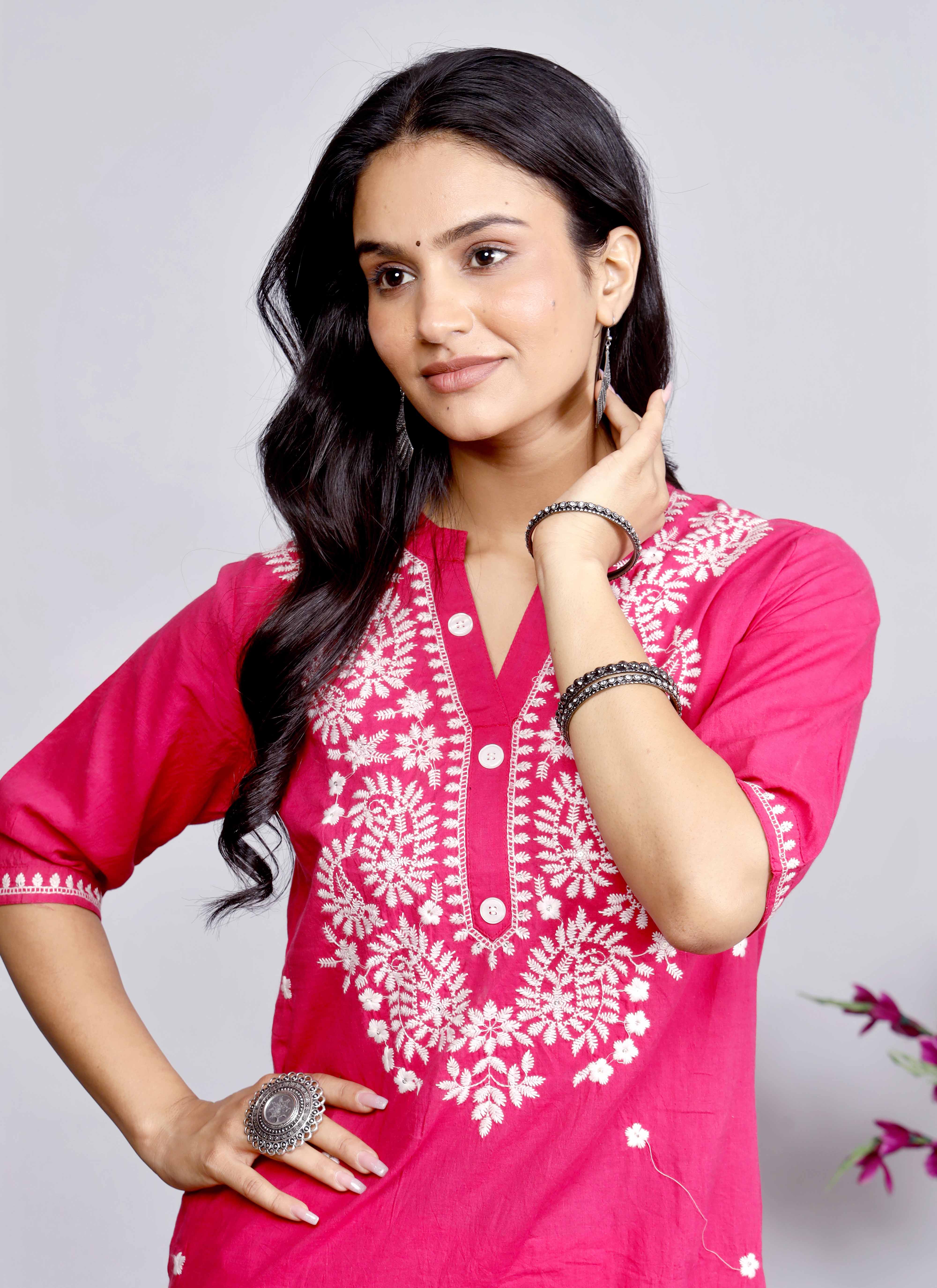 Elegant Pink Cotton Kurta Set with White Embroidery for Women