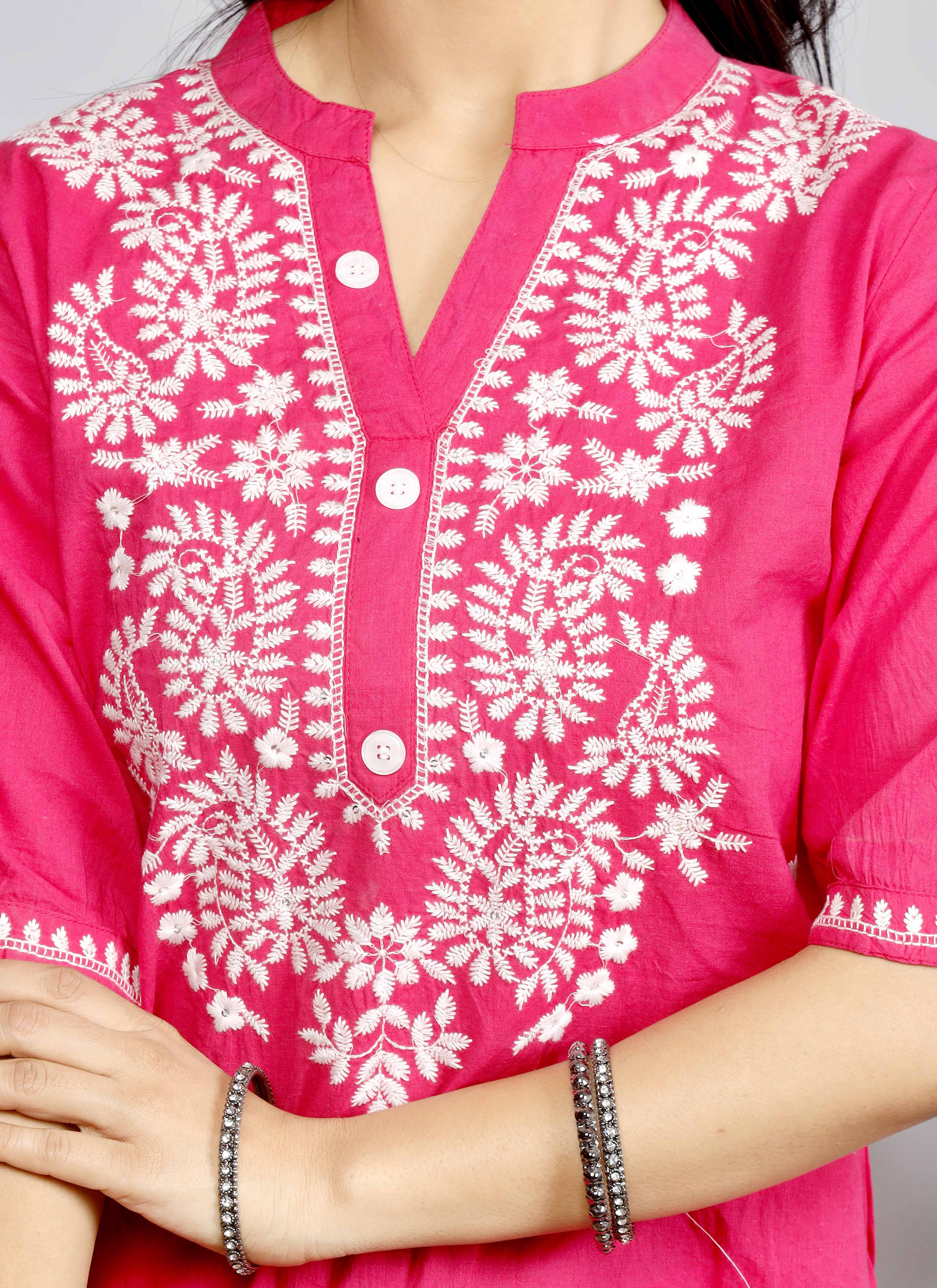Elegant Pink Cotton Kurta Set with White Embroidery for Women