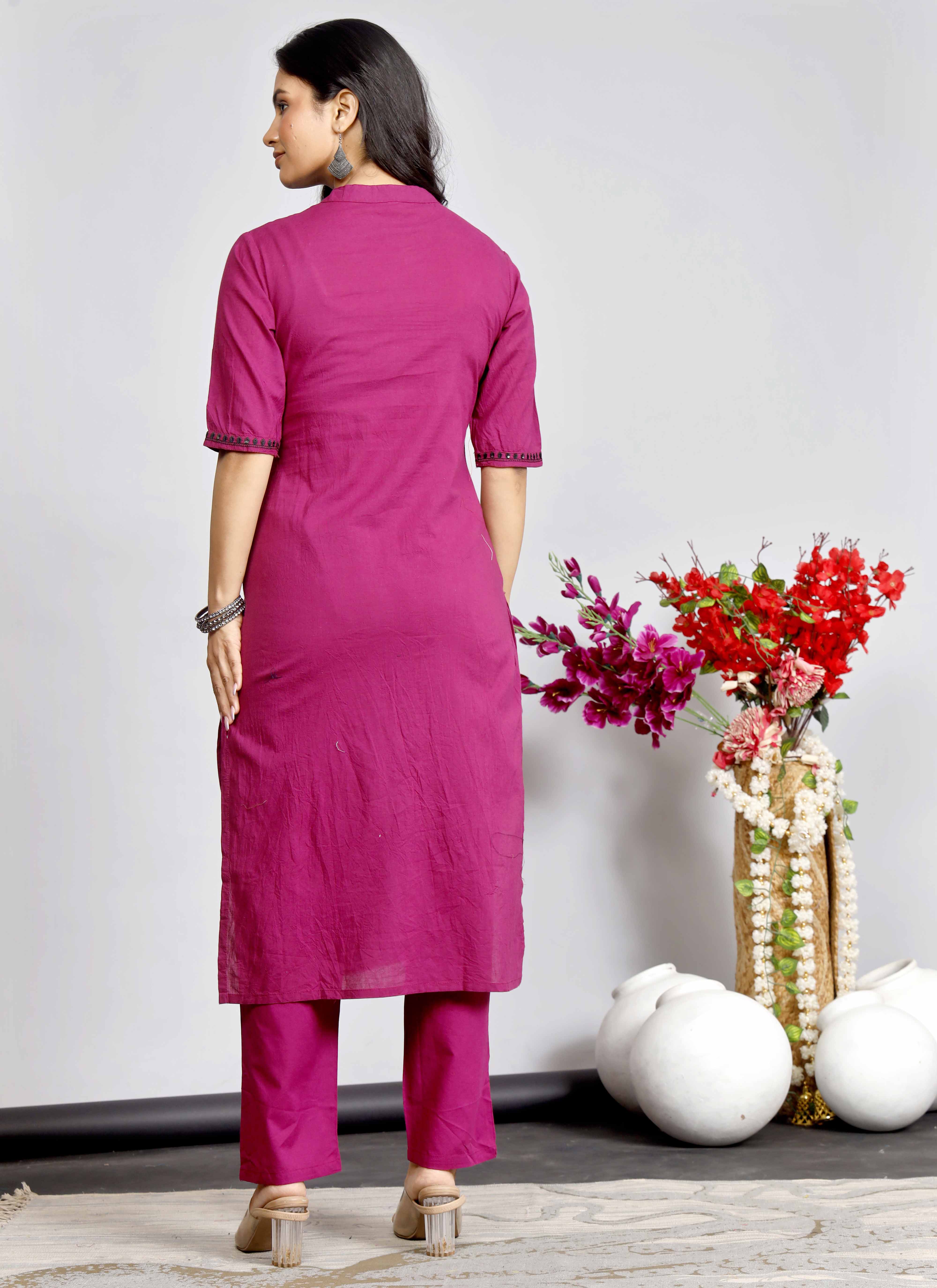 Magenta Cotton Kurta Set with Black Thread Embroidery for Women
