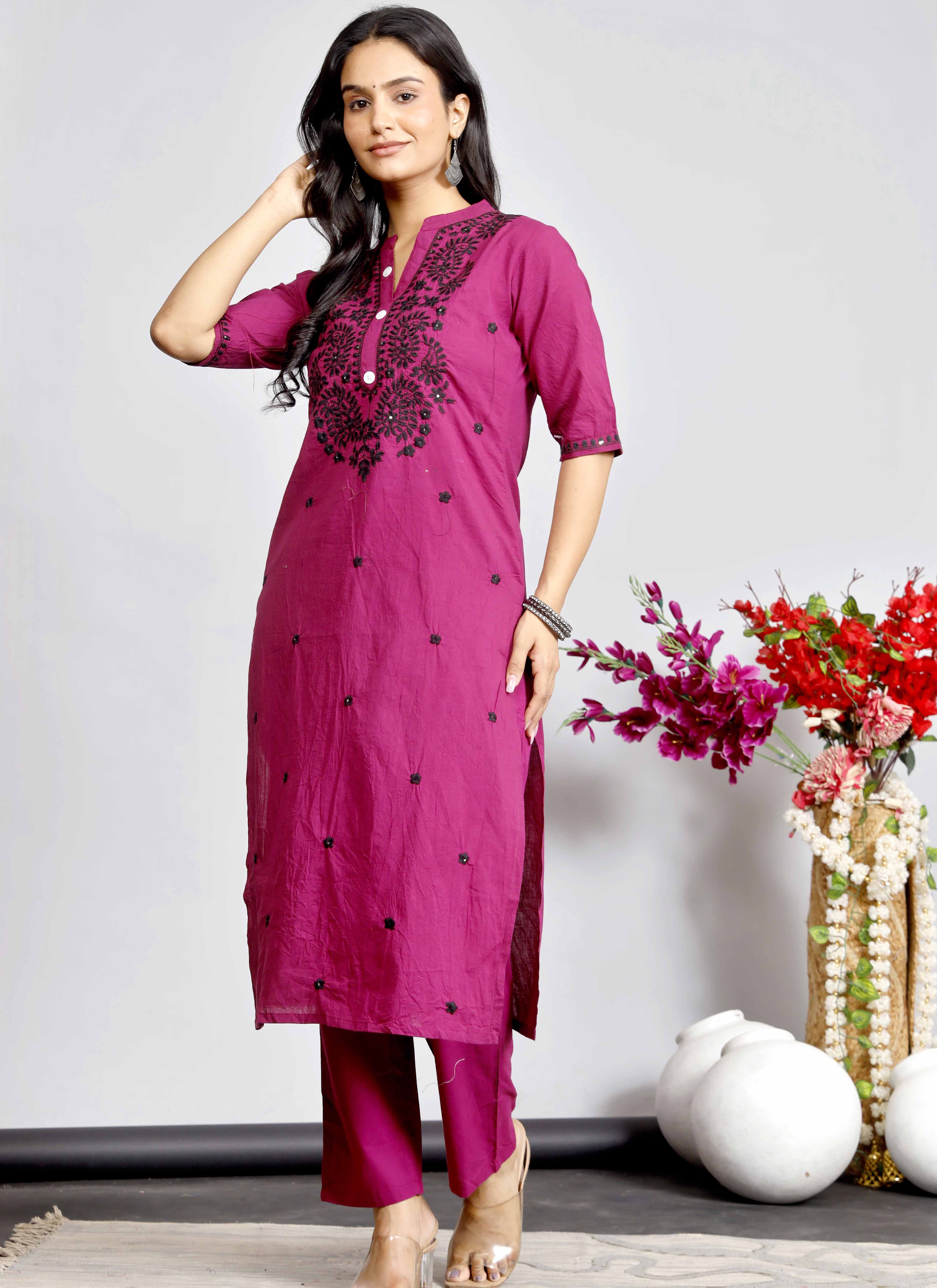 Magenta Cotton Kurta Set with Black Thread Embroidery for Women