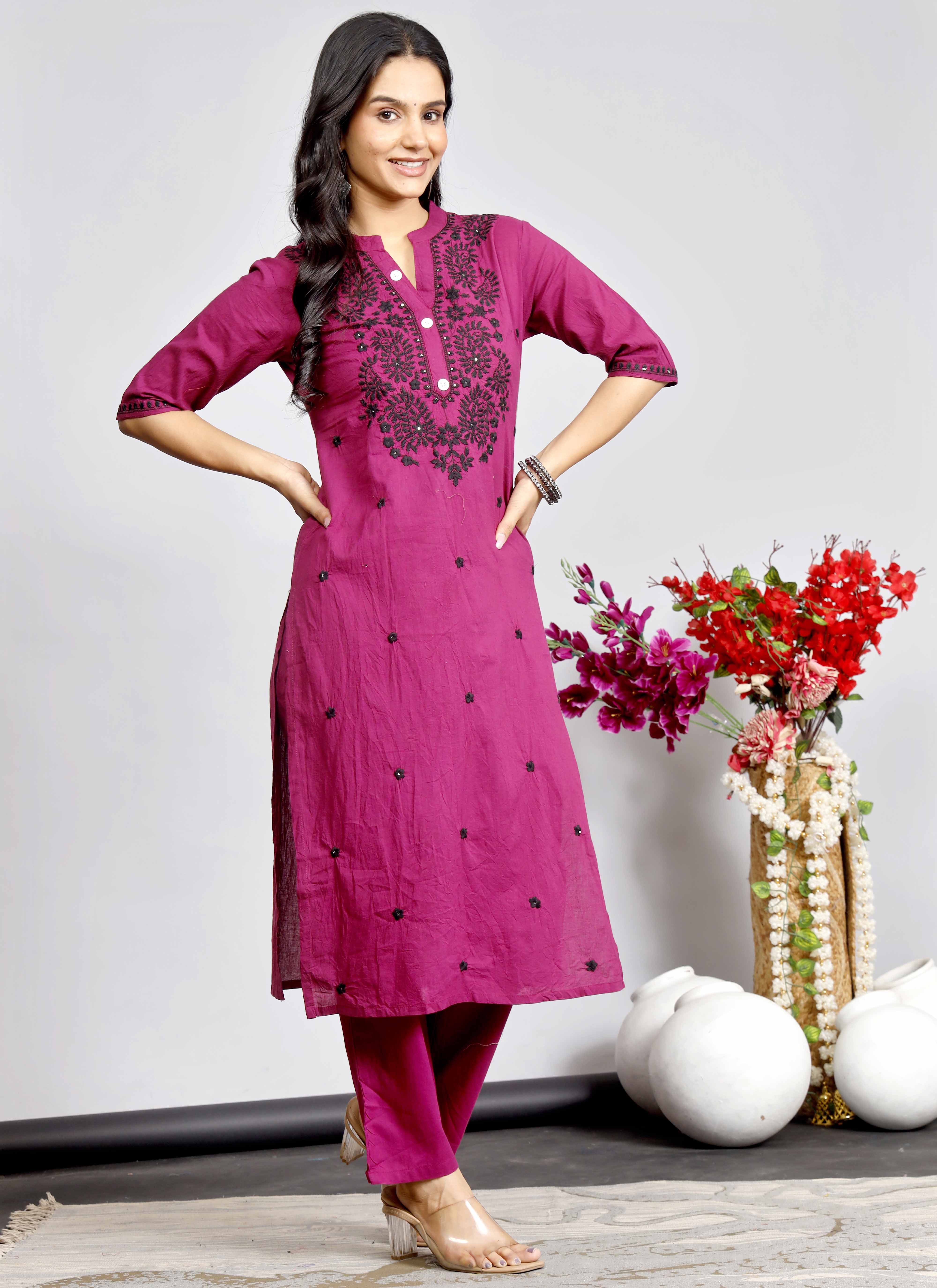 Magenta Cotton Kurta Set with Black Thread Embroidery for Women